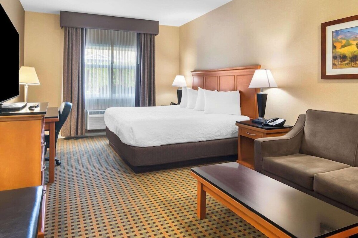 A hotel room with a bed, two bedside lamps, a desk with a computer, a sofa, and a patterned carpet.
