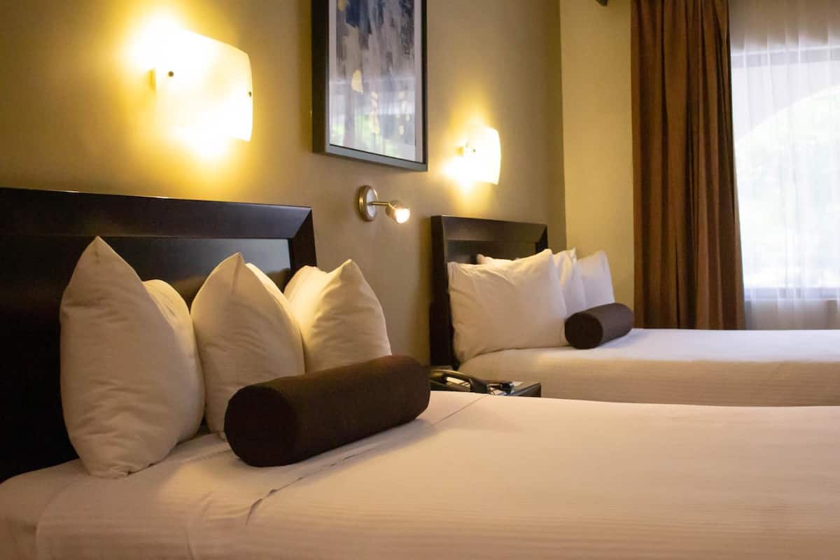 Habitación de hotel con dos camas, cada una con ropa blanca y varios almohadones. Hay lámparas de pared sobre cada cama y un cuadro en la pared.