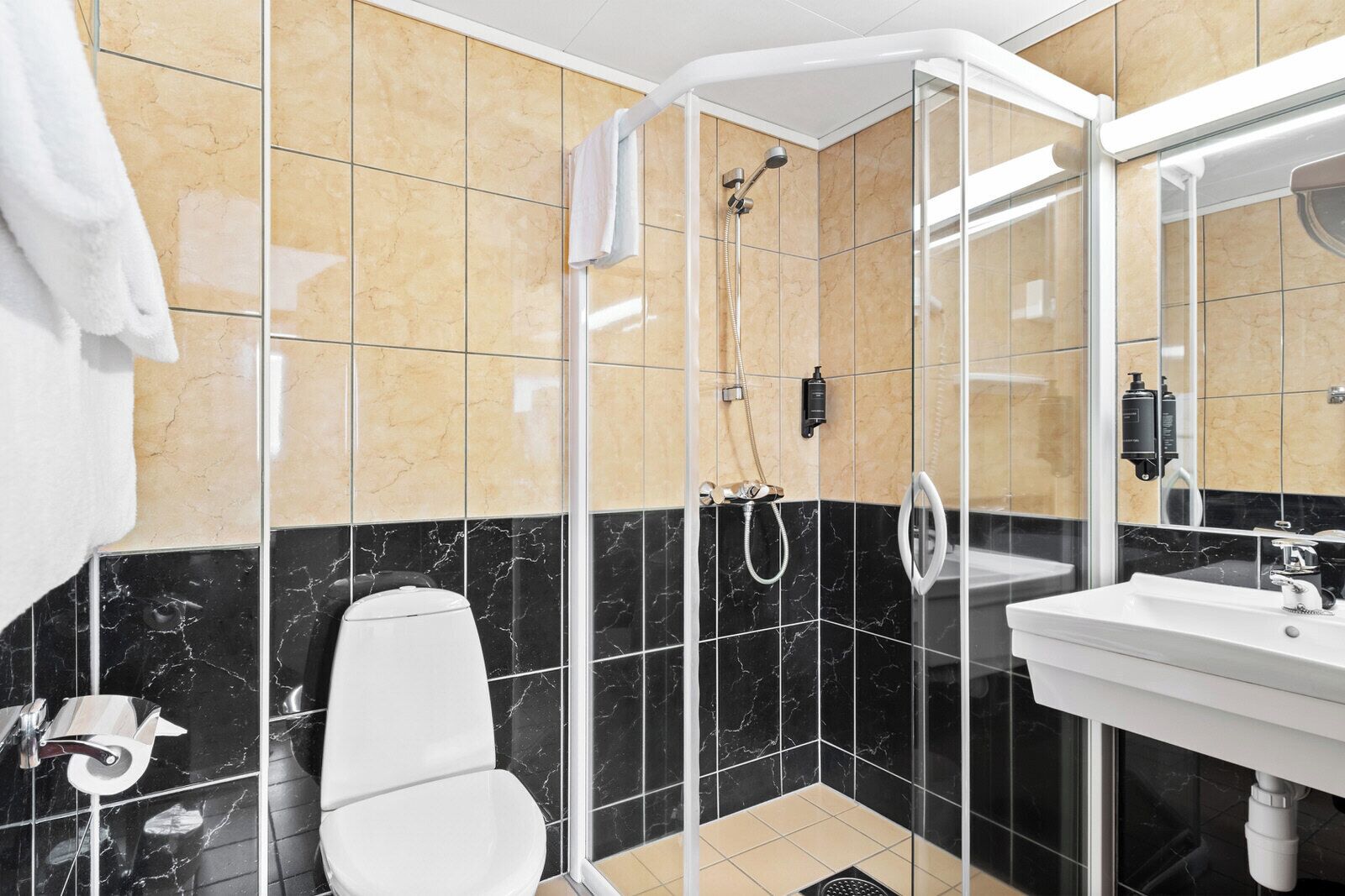 A modern bathroom with a glass-enclosed shower, a white toilet, and a sink with a mirror.