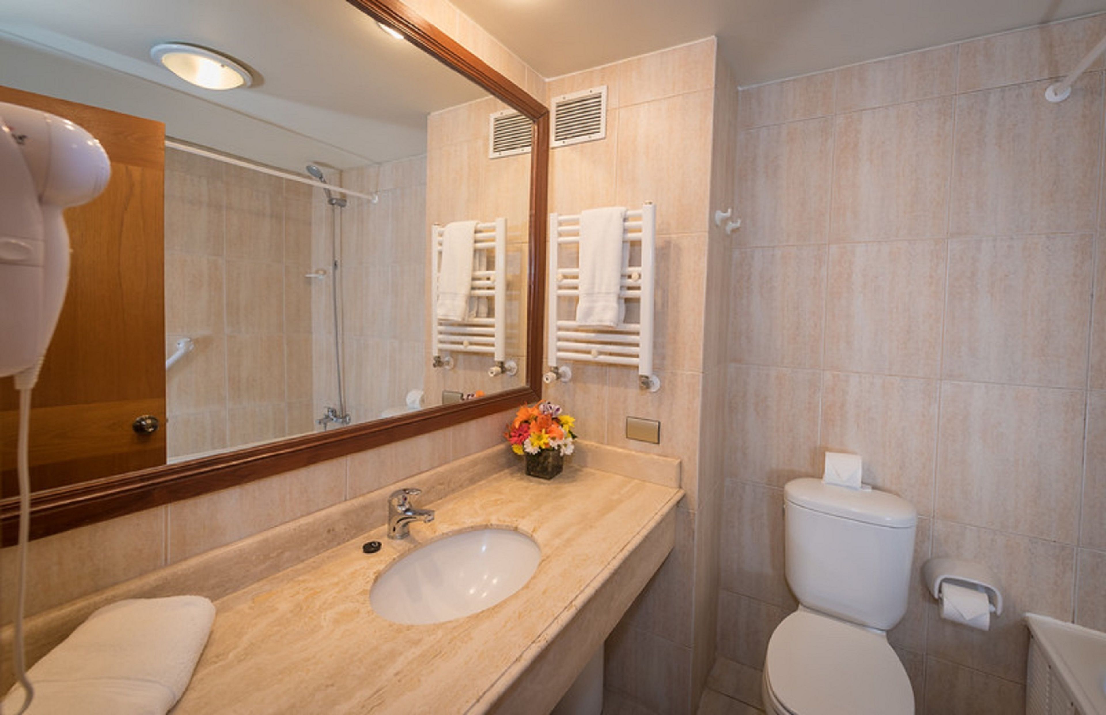 Un baño con lavamanos, espejo, toallero, inodoro y ducha.