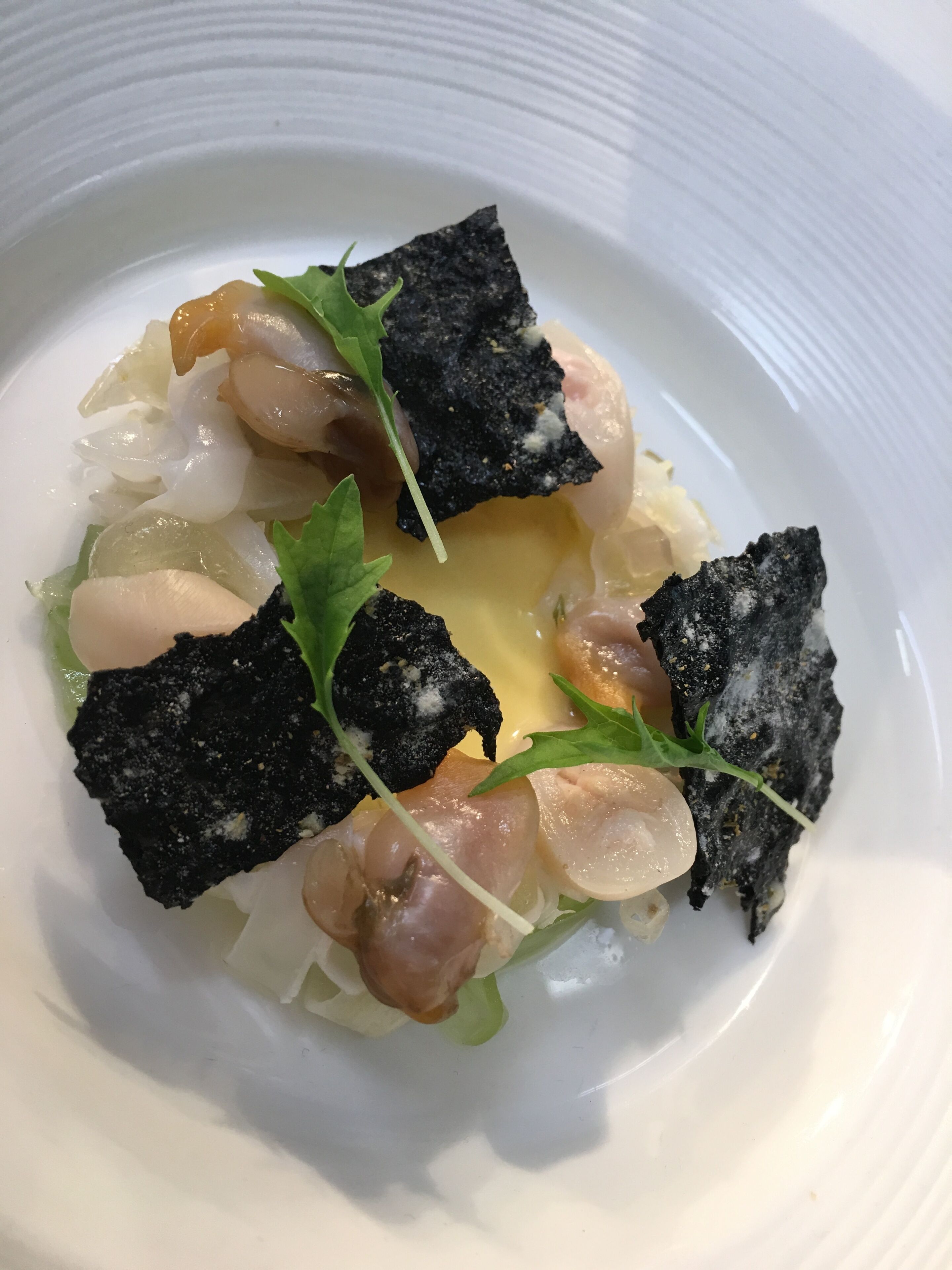 A plate of food with seafood, greens, and black cubes.