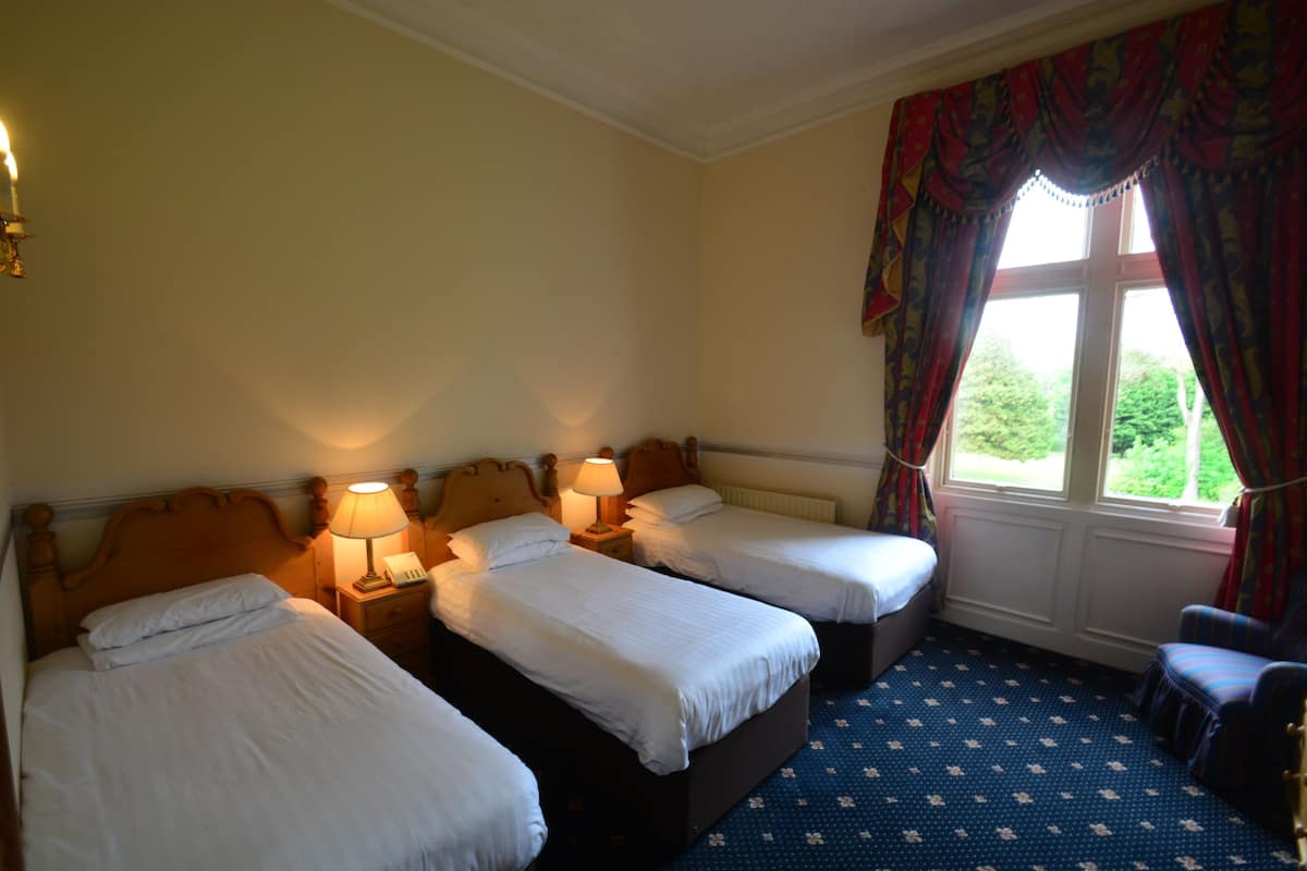 A hotel room with three single beds, a blue patterned carpet, and a window with curtains.
