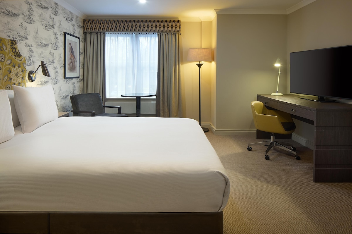 Una habitación de hotel con una cama grande, un escritorio con silla, un televisor y una lámpara.