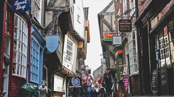 A cobblestone street lined with shops and buildings, including a sign for 'The Shambles' and 'Ye Olde Shambles Tavern'.