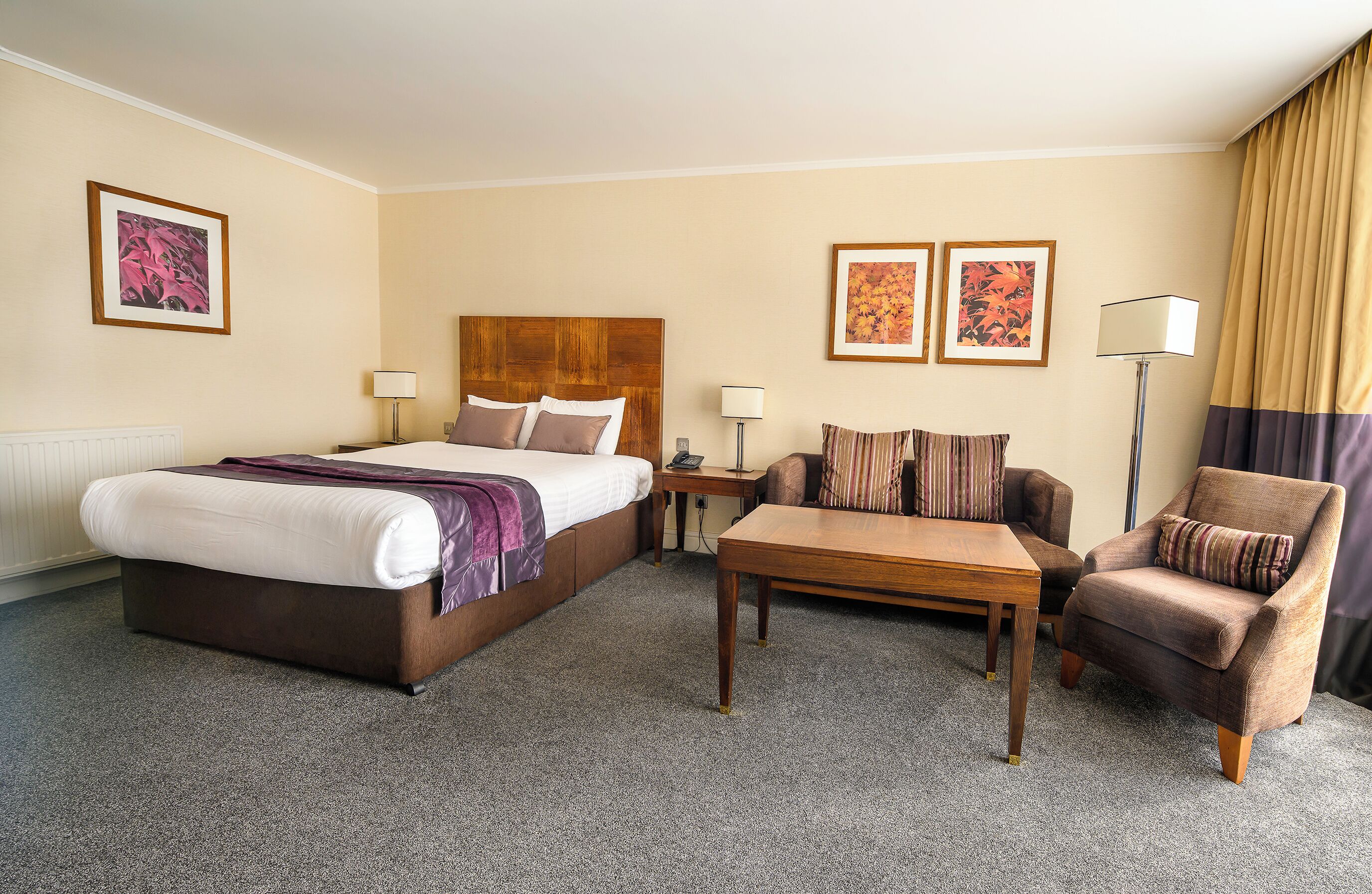 A hotel room with a large bed, a wooden nightstand, a desk, a chair, and two framed pictures on the wall.