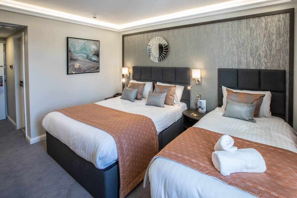 Una habitación de hotel con dos camas, un espejo grande y un cuadro en la pared.