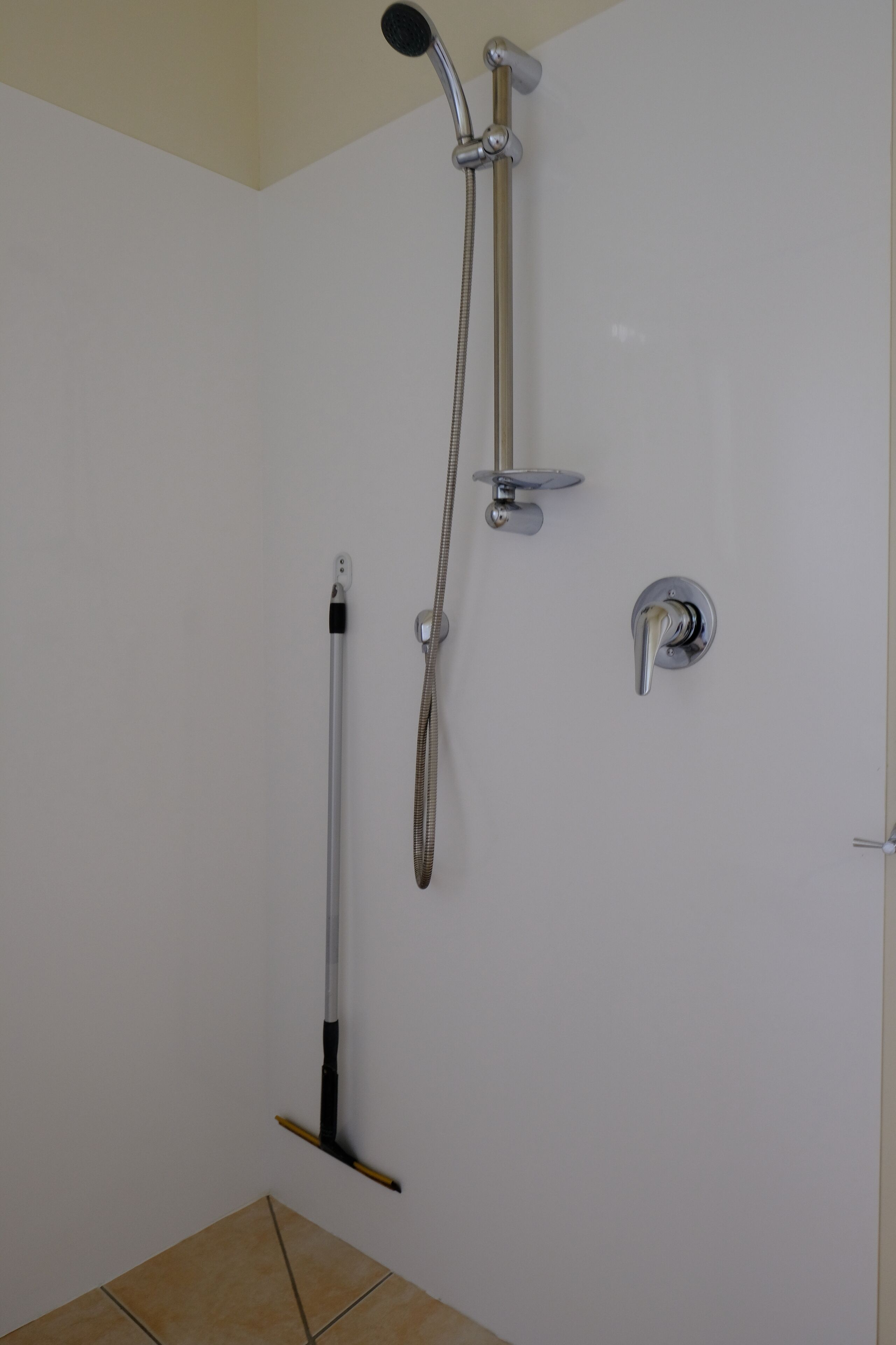 A shower with a handheld showerhead, a wall-mounted faucet, and a handheld showerhead.