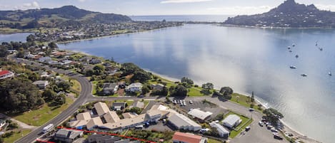 A coastal town with a marina, houses, and a road leading to the water.