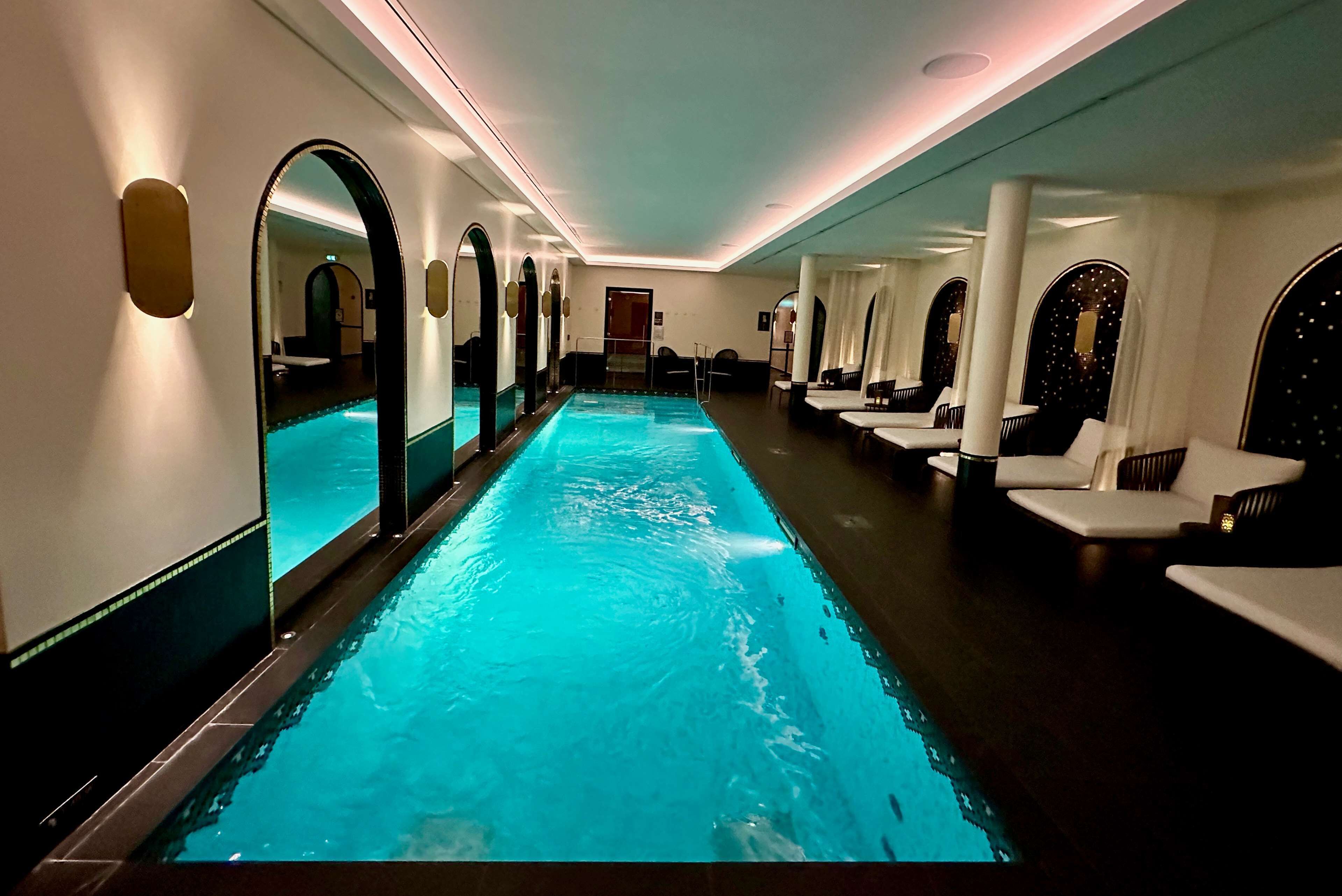 indoor pool, pool loungers
