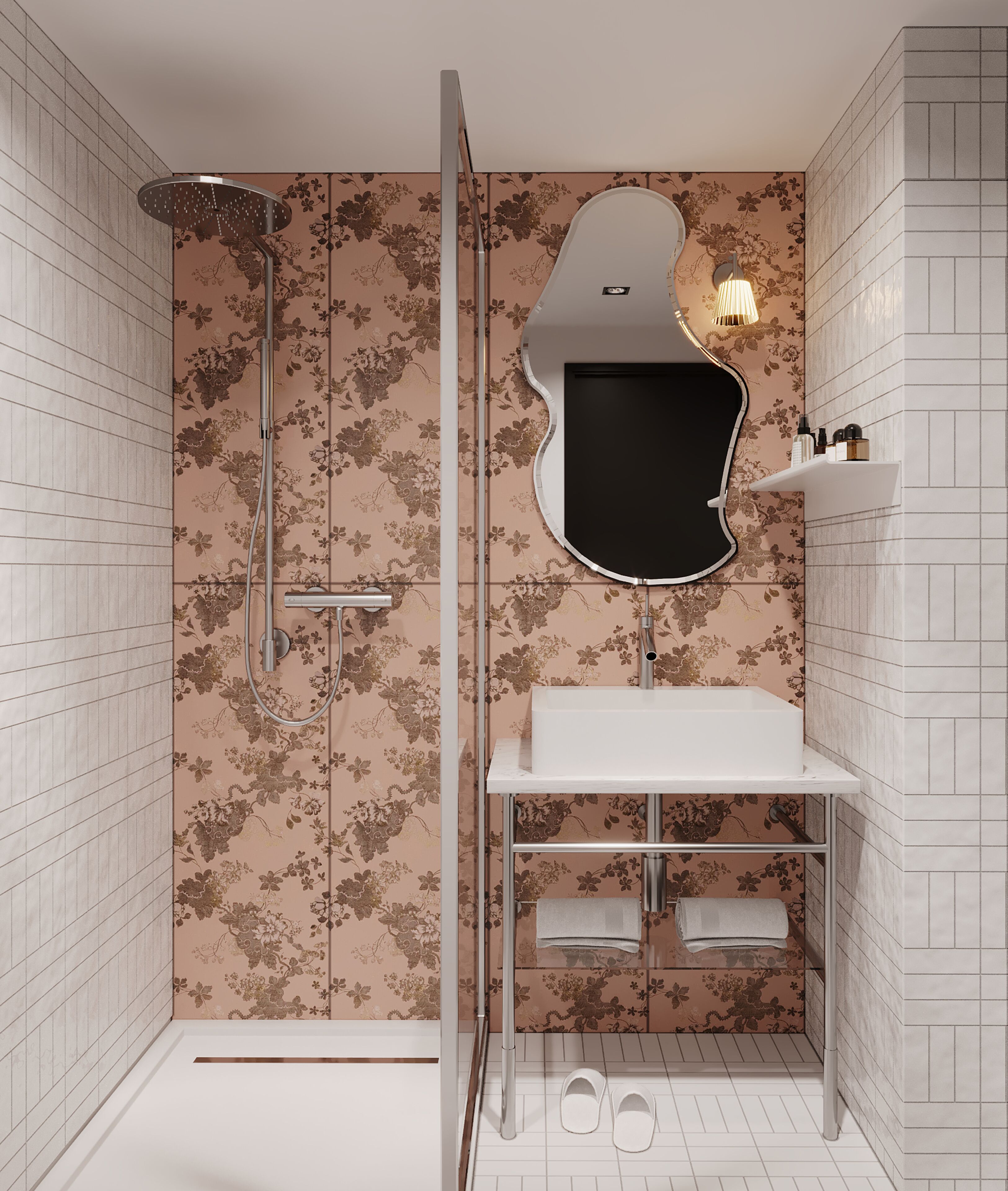 A bathroom with a shower, a sink, and a mirror.
