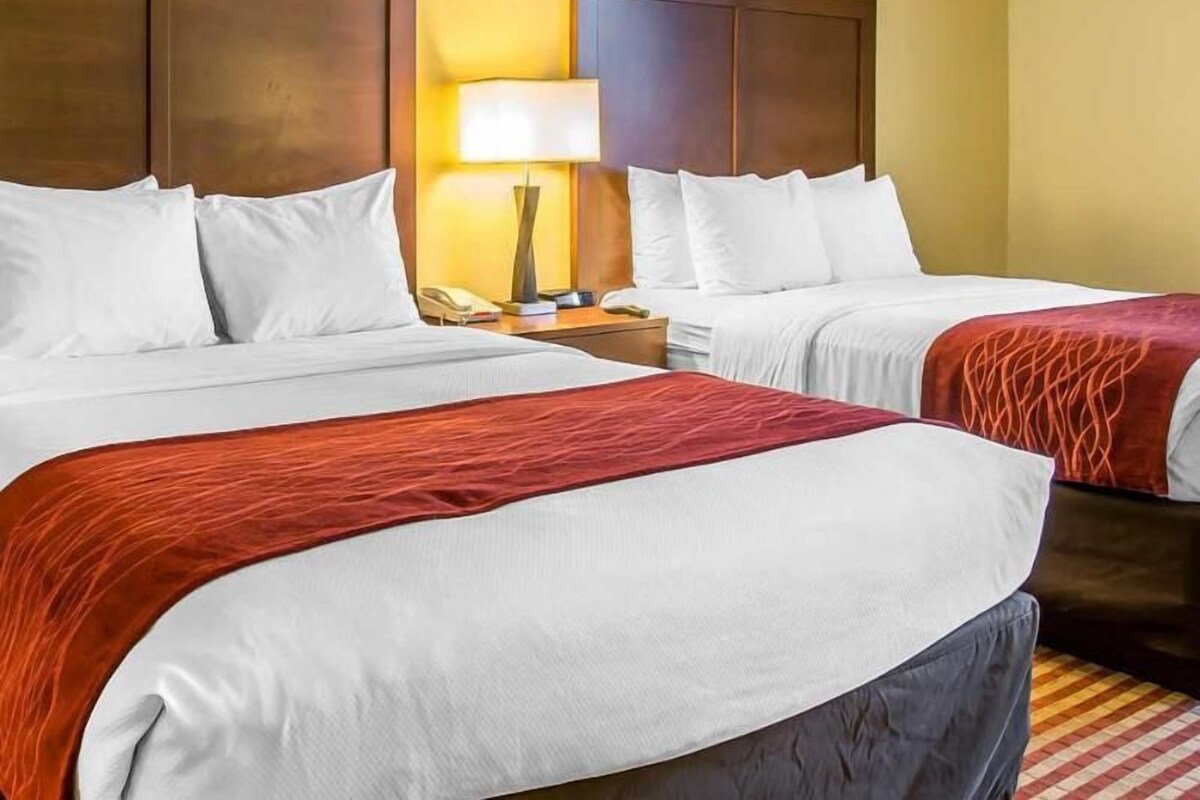 Une chambre d’hôtel avec deux lits, une table de chevet avec une lampe et un téléphone.
