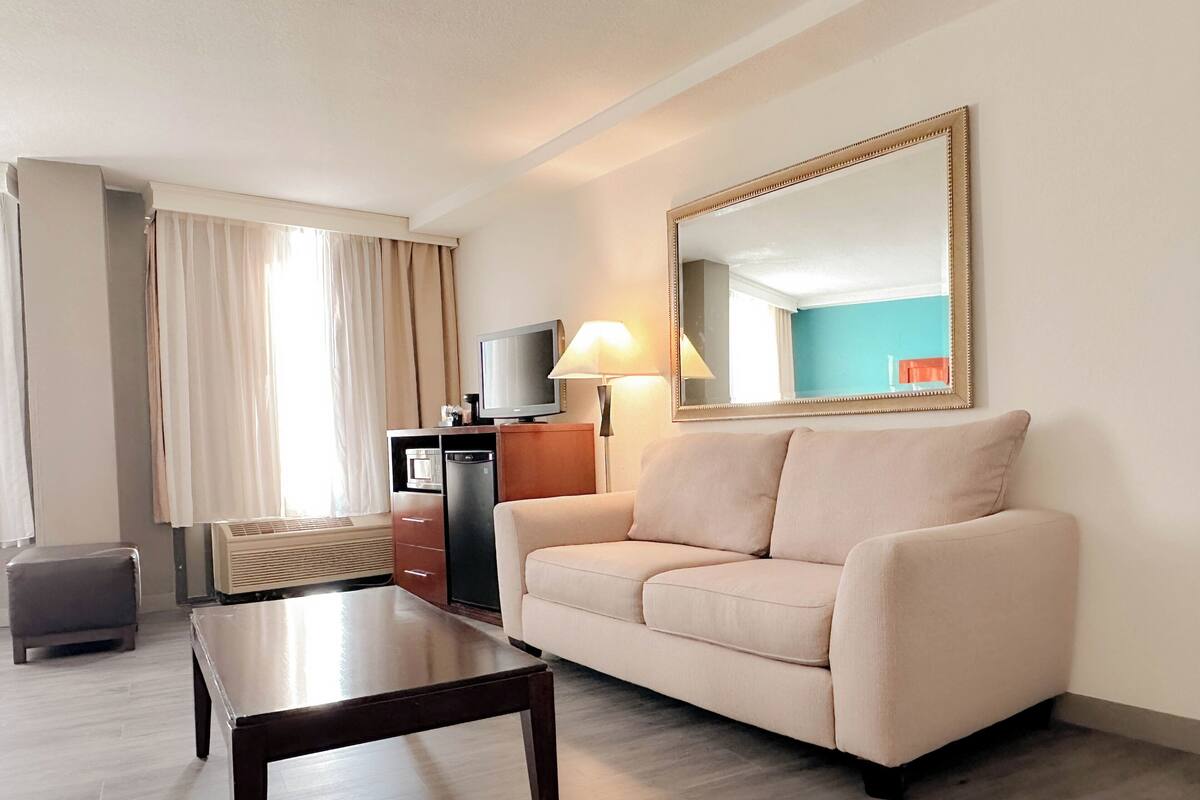 A hotel room with a sofa, a coffee machine, a television, and a large mirror.