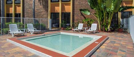 A swimming pool with lounge chairs, surrounded by a brick wall and large plants.