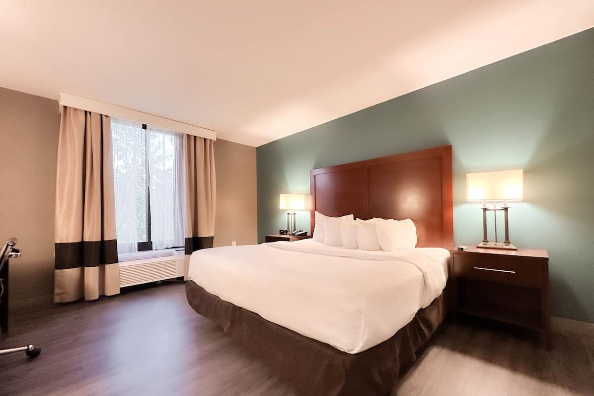 A hotel room with a large bed, two bedside tables with lamps, a window with curtains, and a radiator.