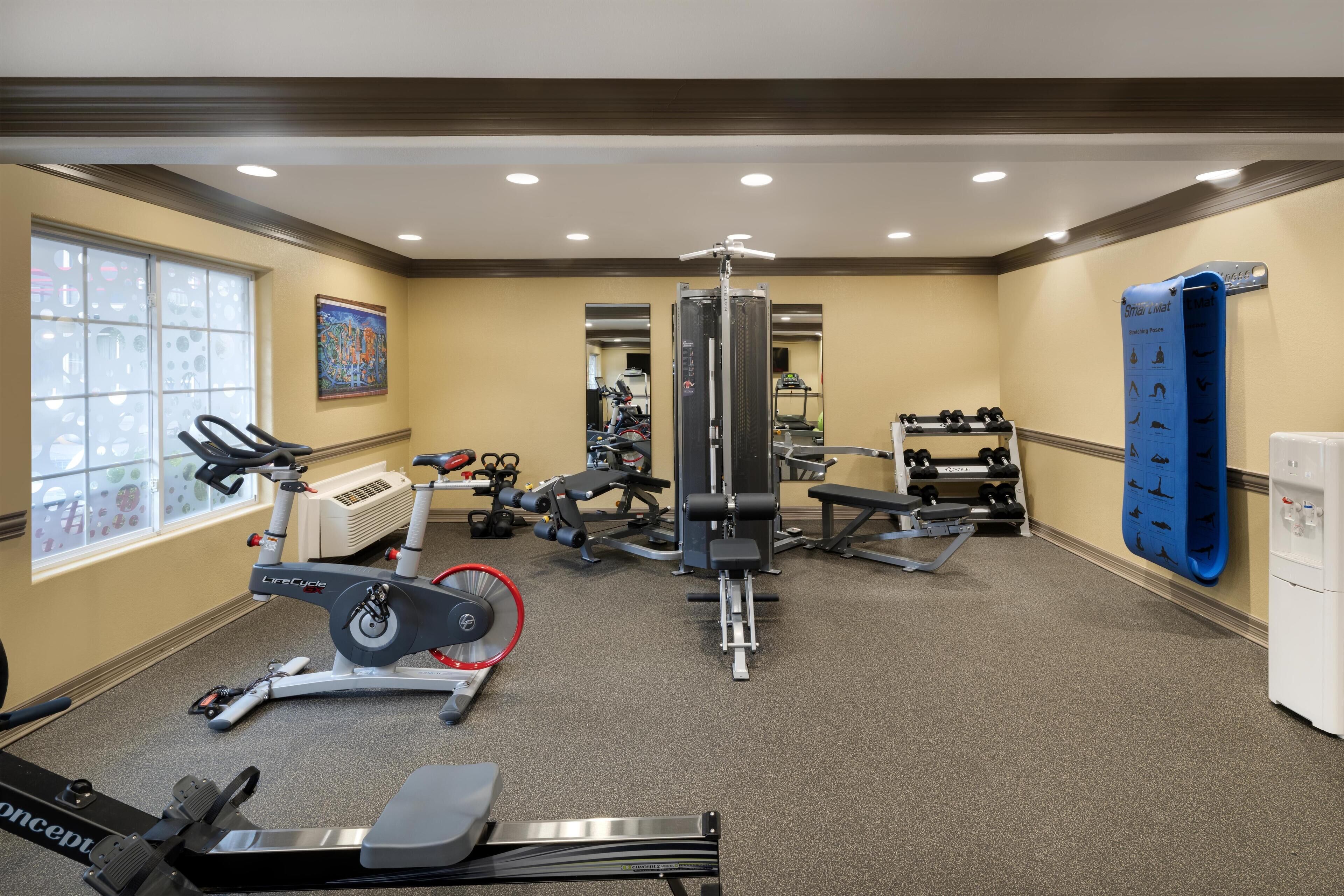 A gym with cardio machines, weightlifting equipment, and a blue foam roller wall.