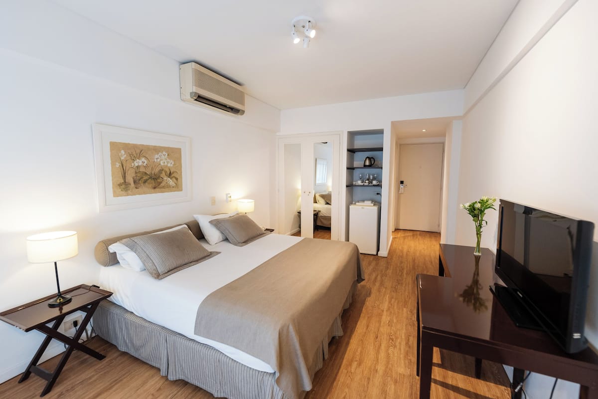 A hotel room with a bed, bedside table, lamp, TV, and a small plant.
