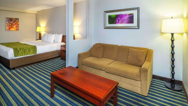 A hotel room with a bed, a sofa, a coffee table, and two lamps. - Comfort Inn & Suites (Moose Jaw)