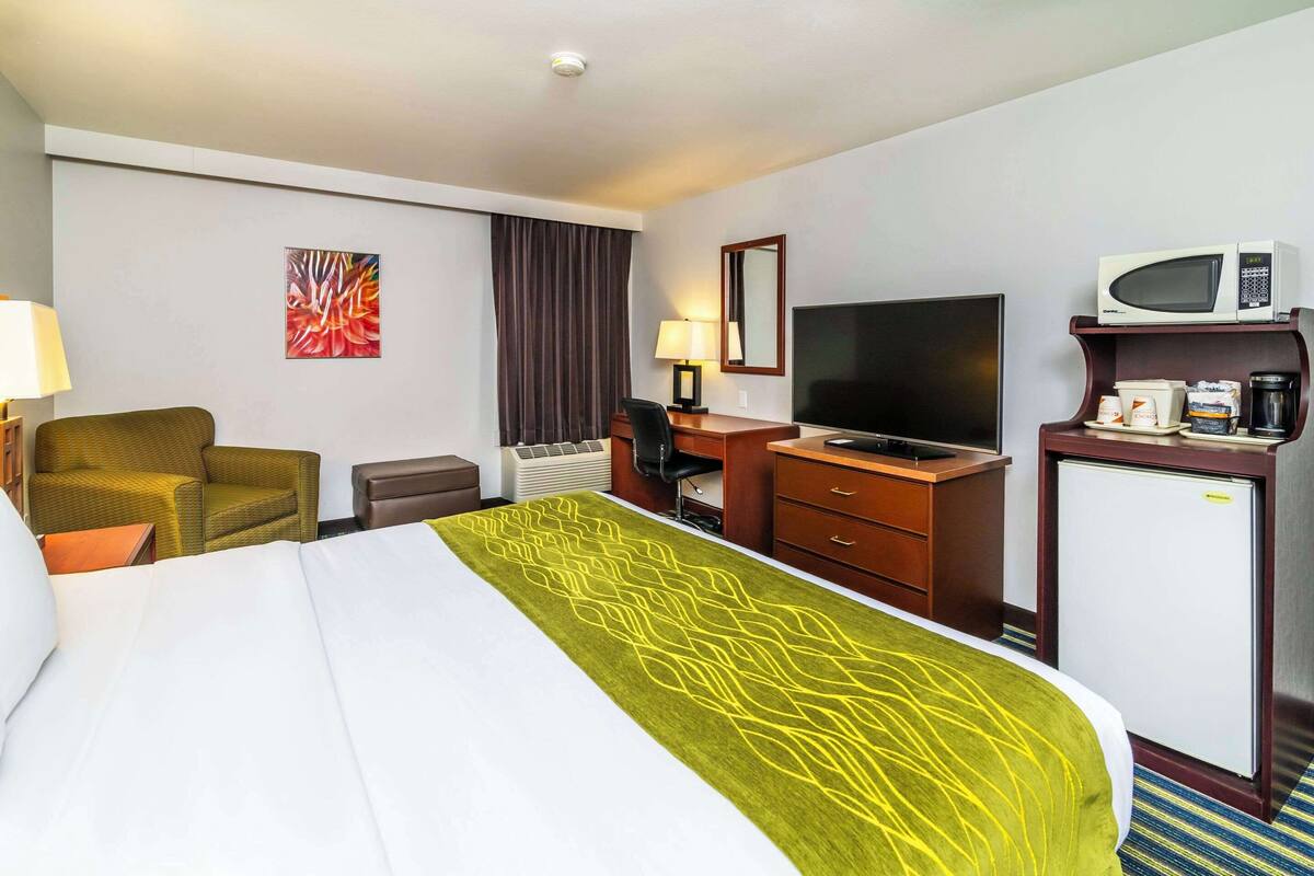 Una camera d'albergo con un letto, una sedia, una scrivania con televisione, un forno a microonde e un frigorifero.