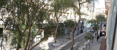 A street view with trees, a sidewalk, and buildings.