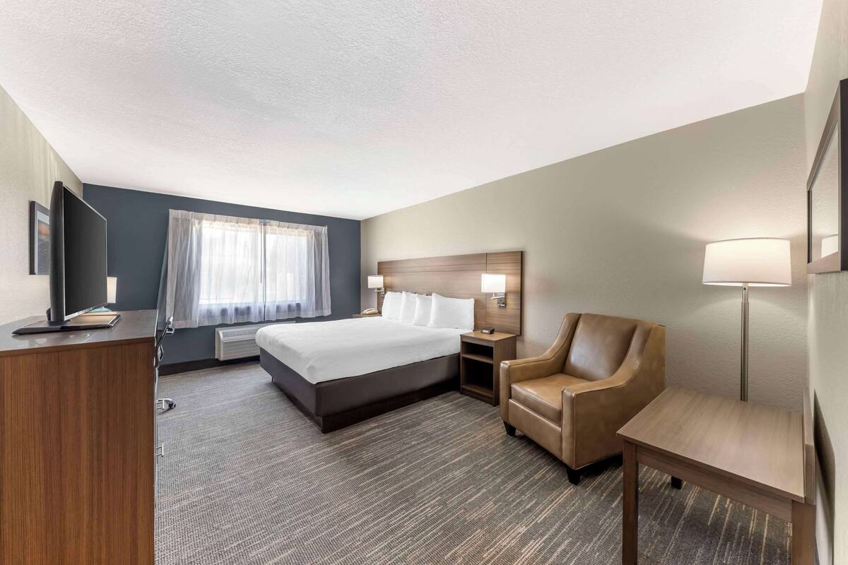 Una habitación de hotel con una cama, un escritorio, una silla, una lámpara y una mesita de noche.
