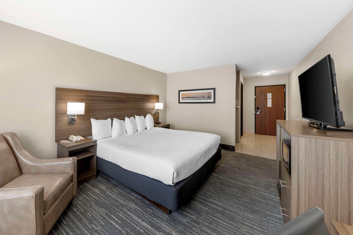Una habitación de hotel con cama, escritorio, silla, televisor y puerta.