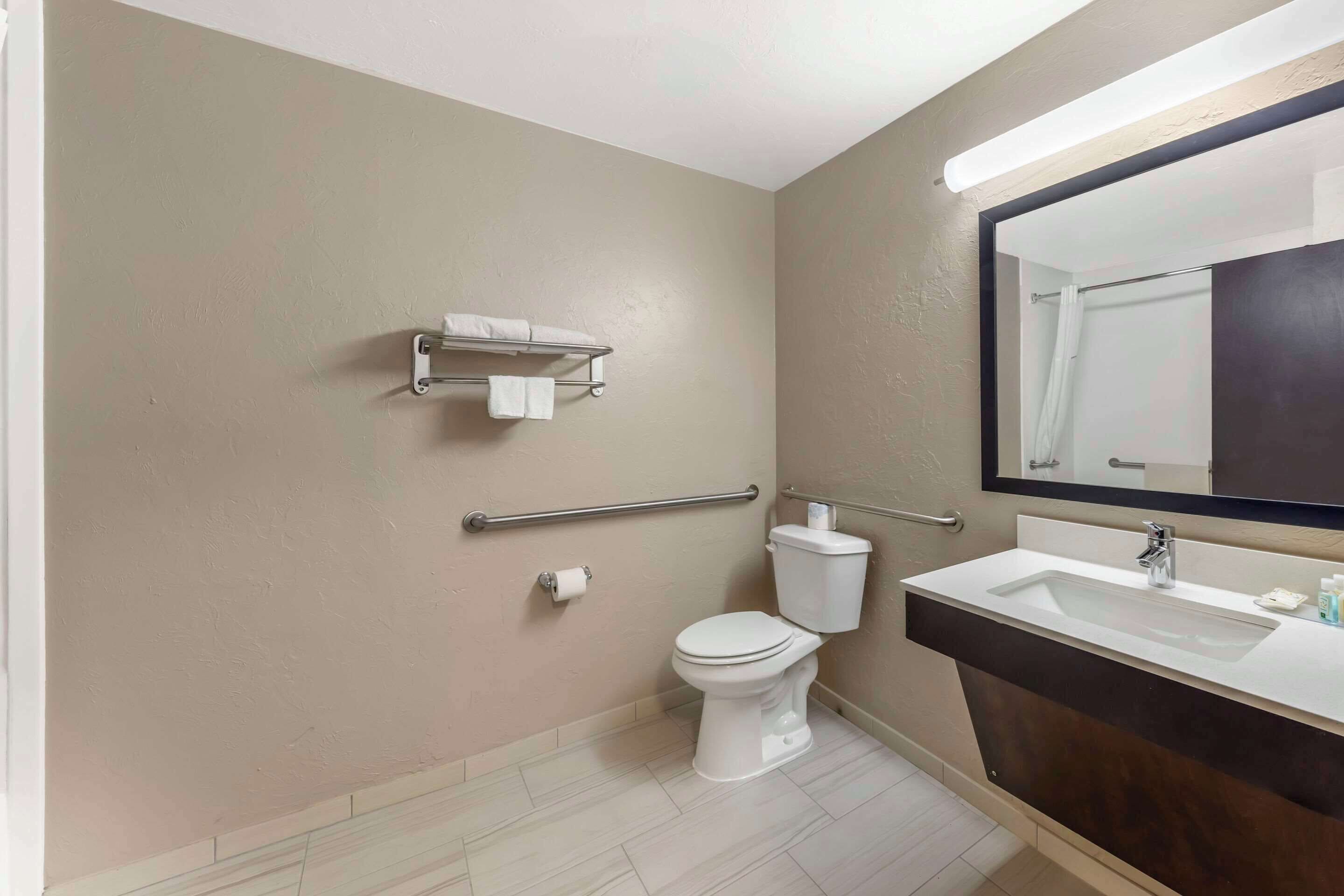 A bathroom with a toilet, sink, mirror, towel rack, and handrails.
