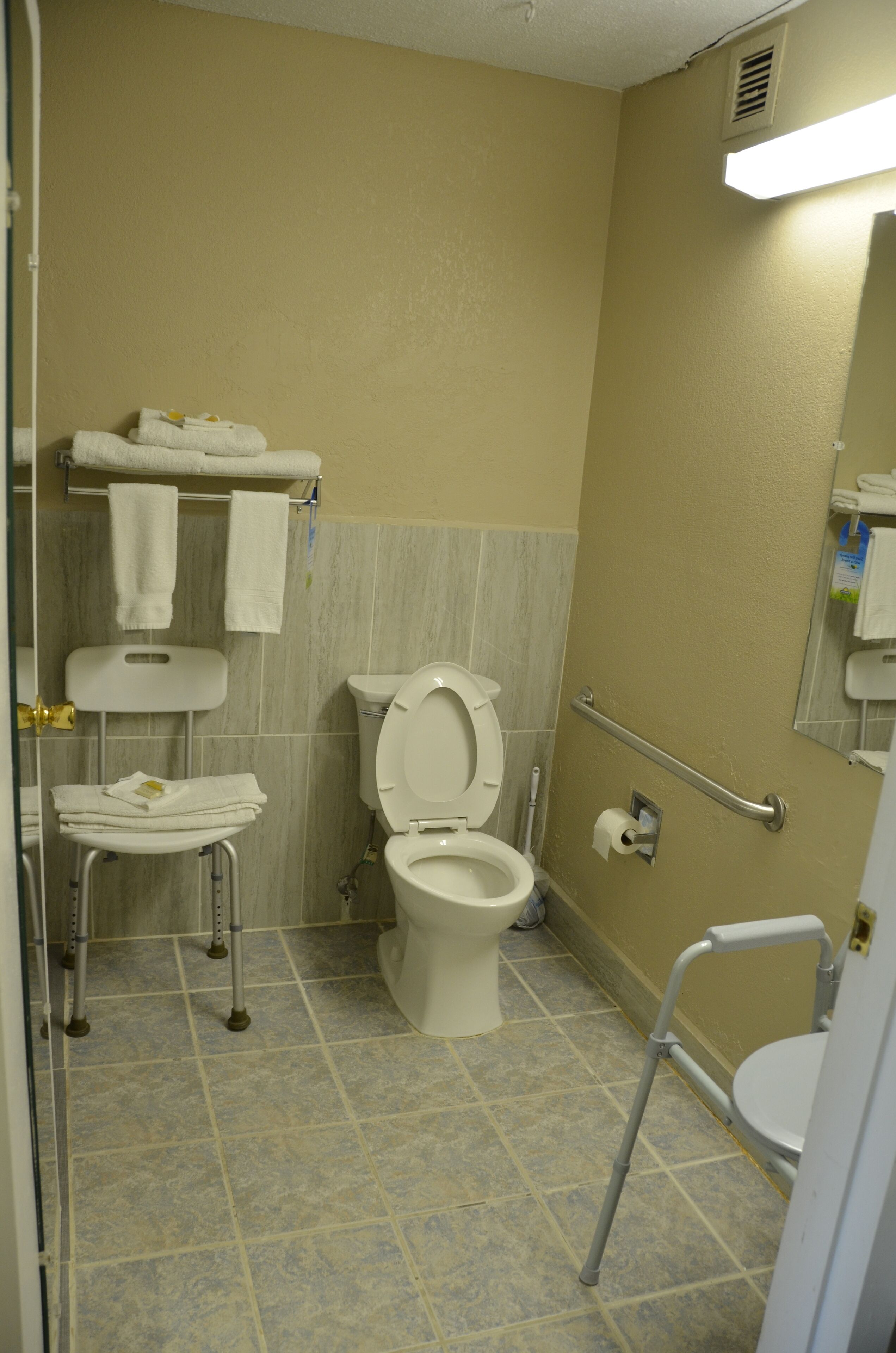 Een badkamer met toilet, handgrepen, een rolstoeltoegankelijk bankje en een handdoekrek.