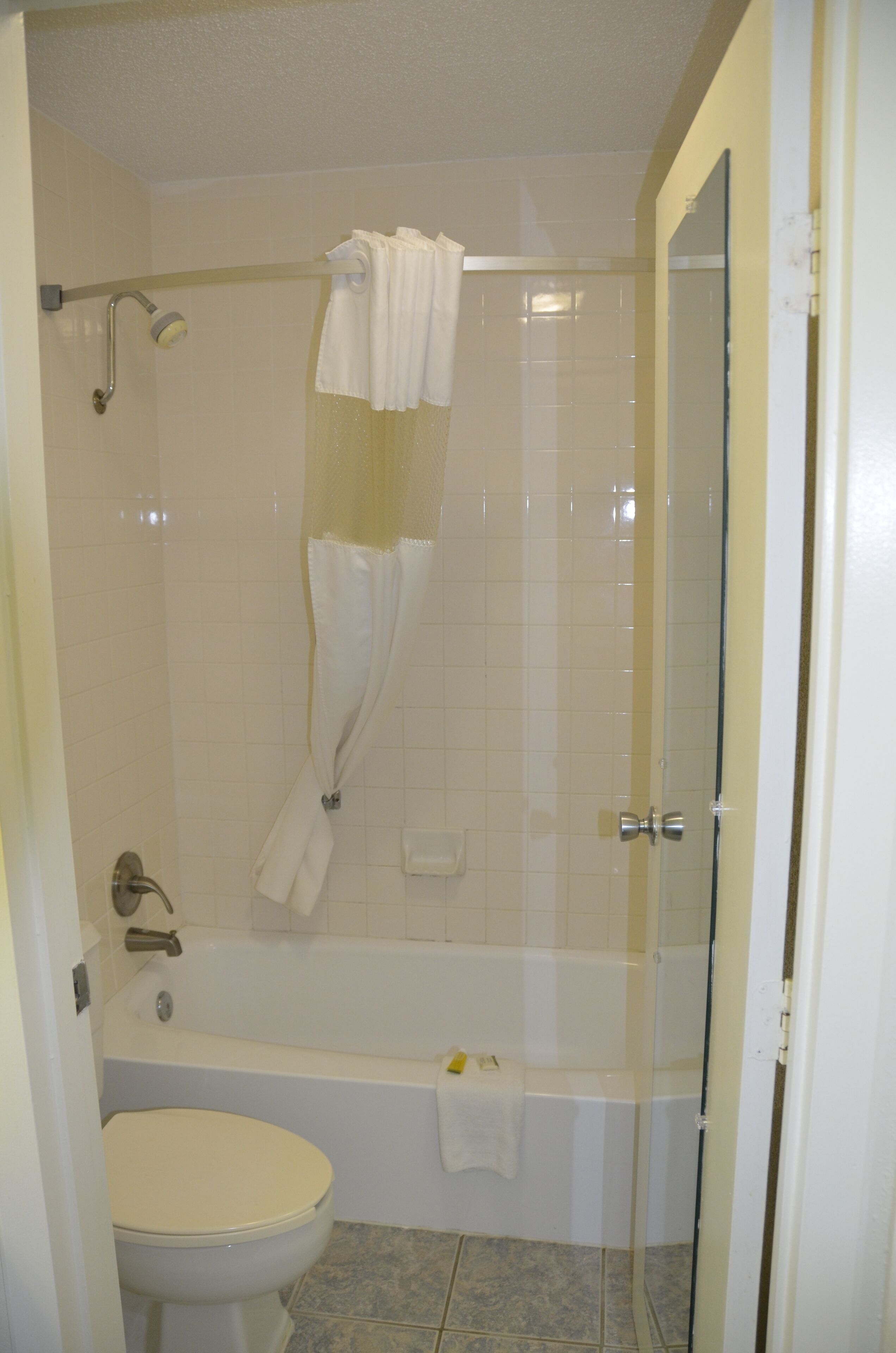 A bathroom with a toilet, bathtub, and shower area.