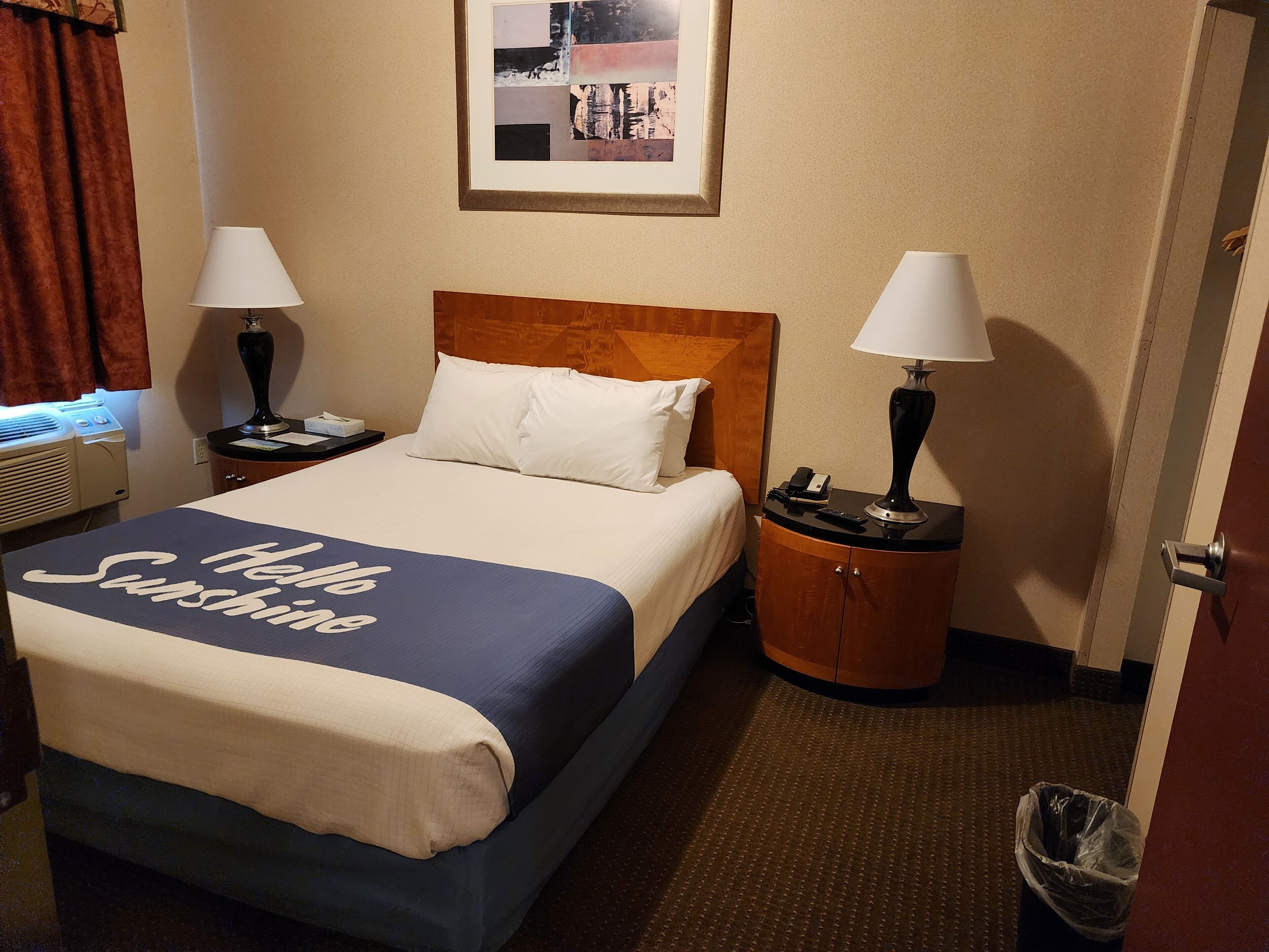 A hotel room with a bed, two bedside tables, a lamp on each table, a framed picture on the wall, and a trash can.
