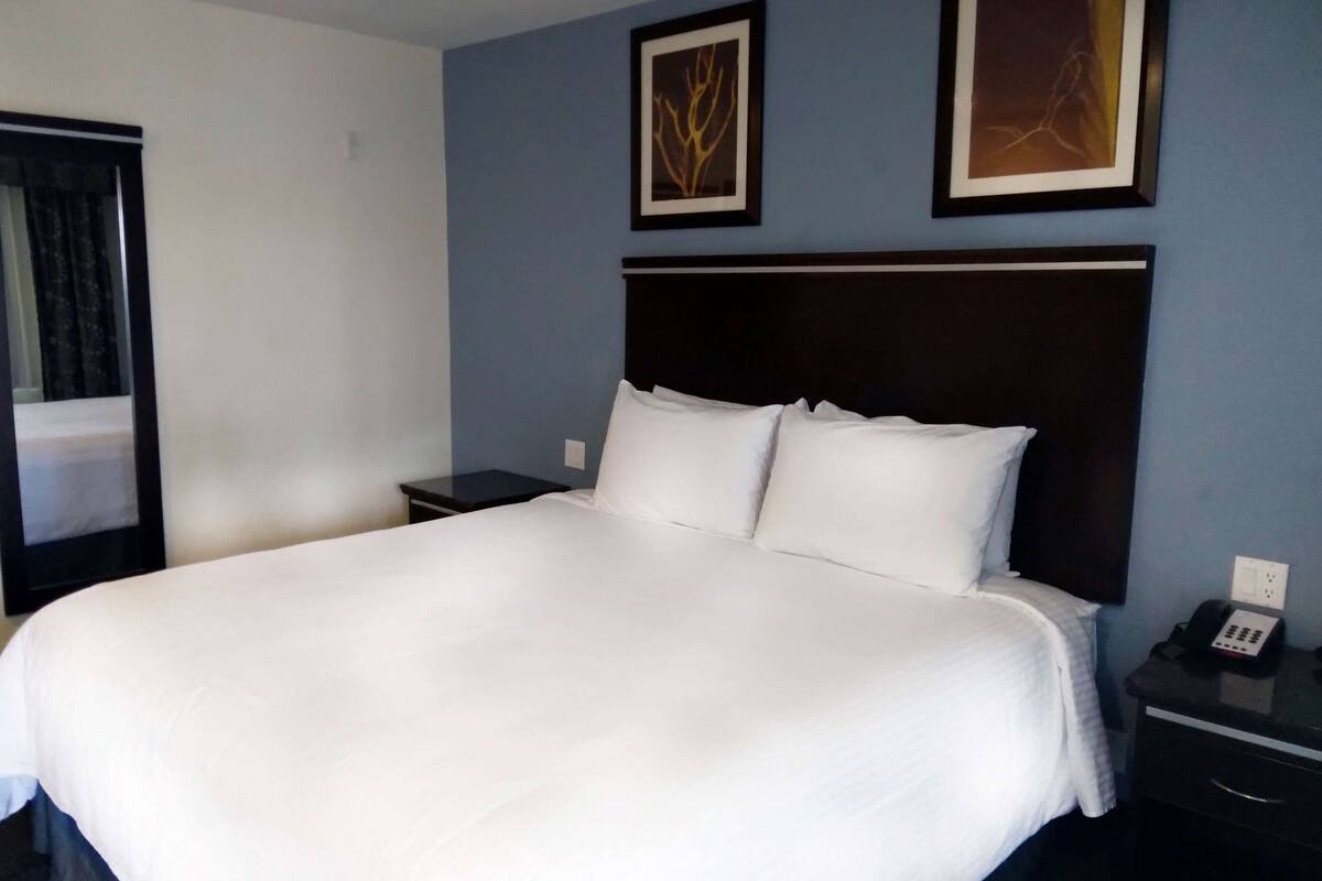 A hotel room with a large bed, a bedside table with a phone, and two framed artworks on the wall.