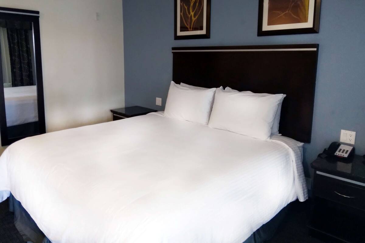 A hotel room with a large bed, two bedside tables, a nightstand, and a telephone.