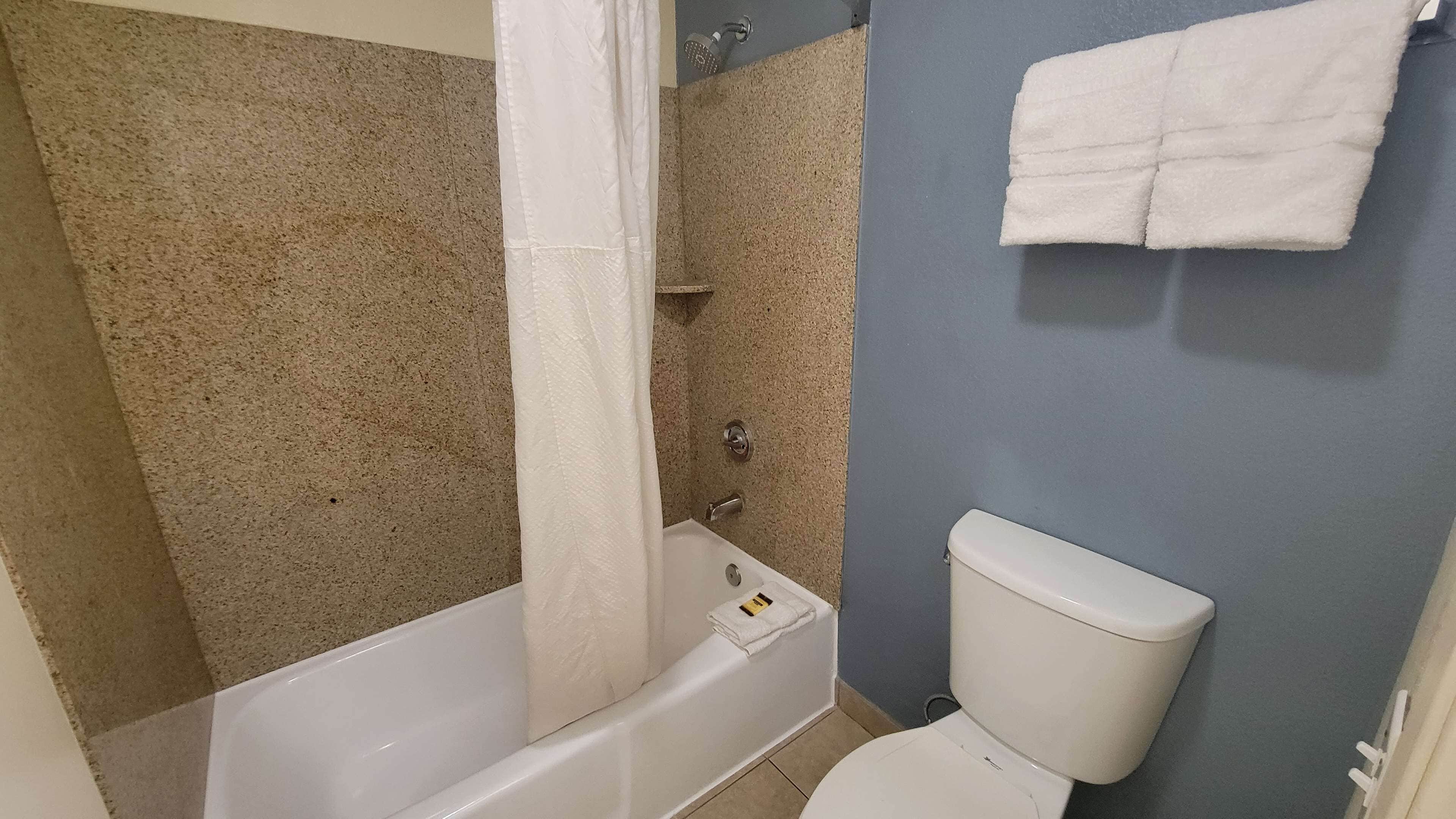 A bathroom with a bathtub, toilet, and shower.