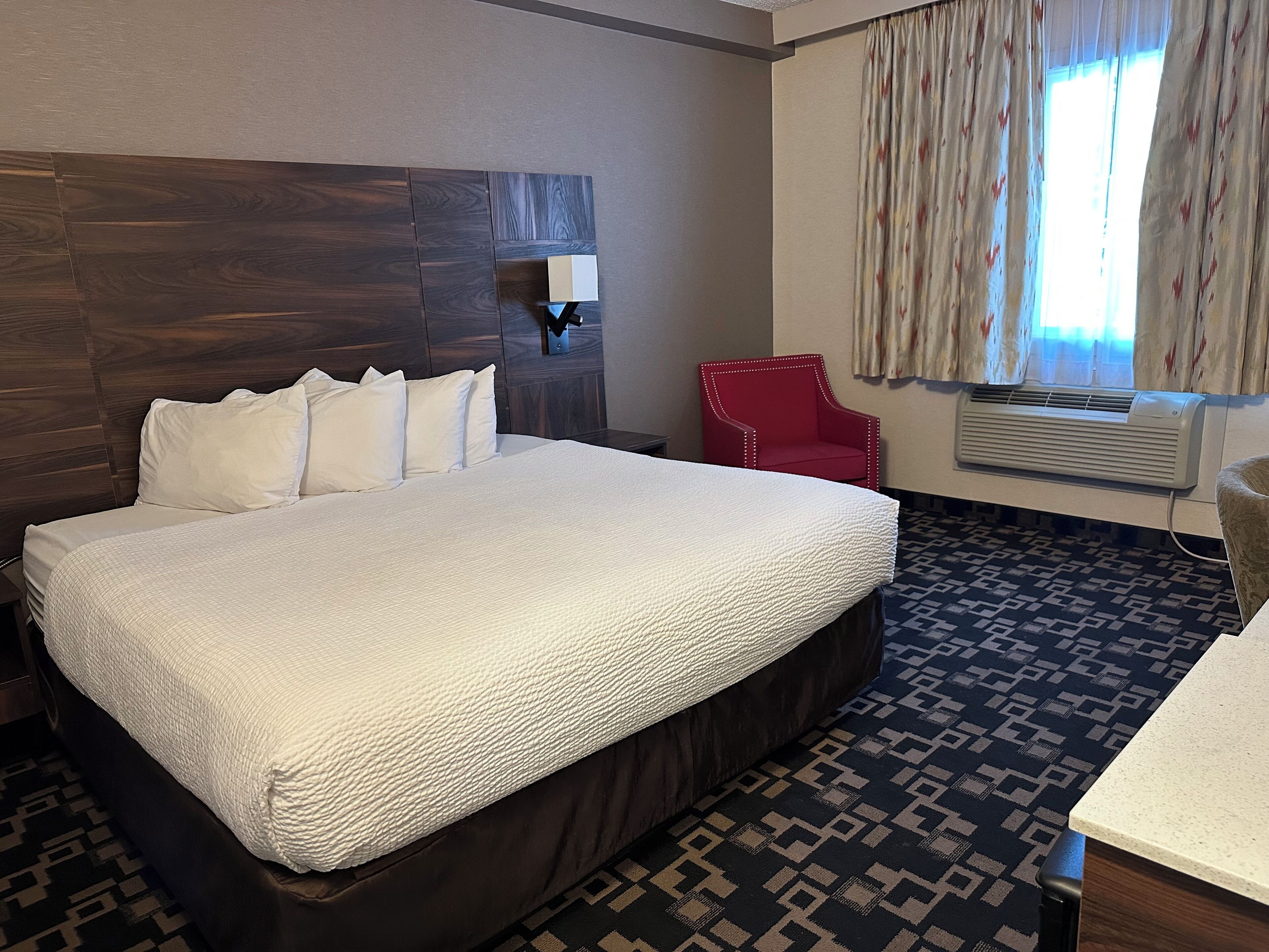 Een hotelkamer met een groot bed, een rode stoel, een bureau en een kamerkleed met dessin.
