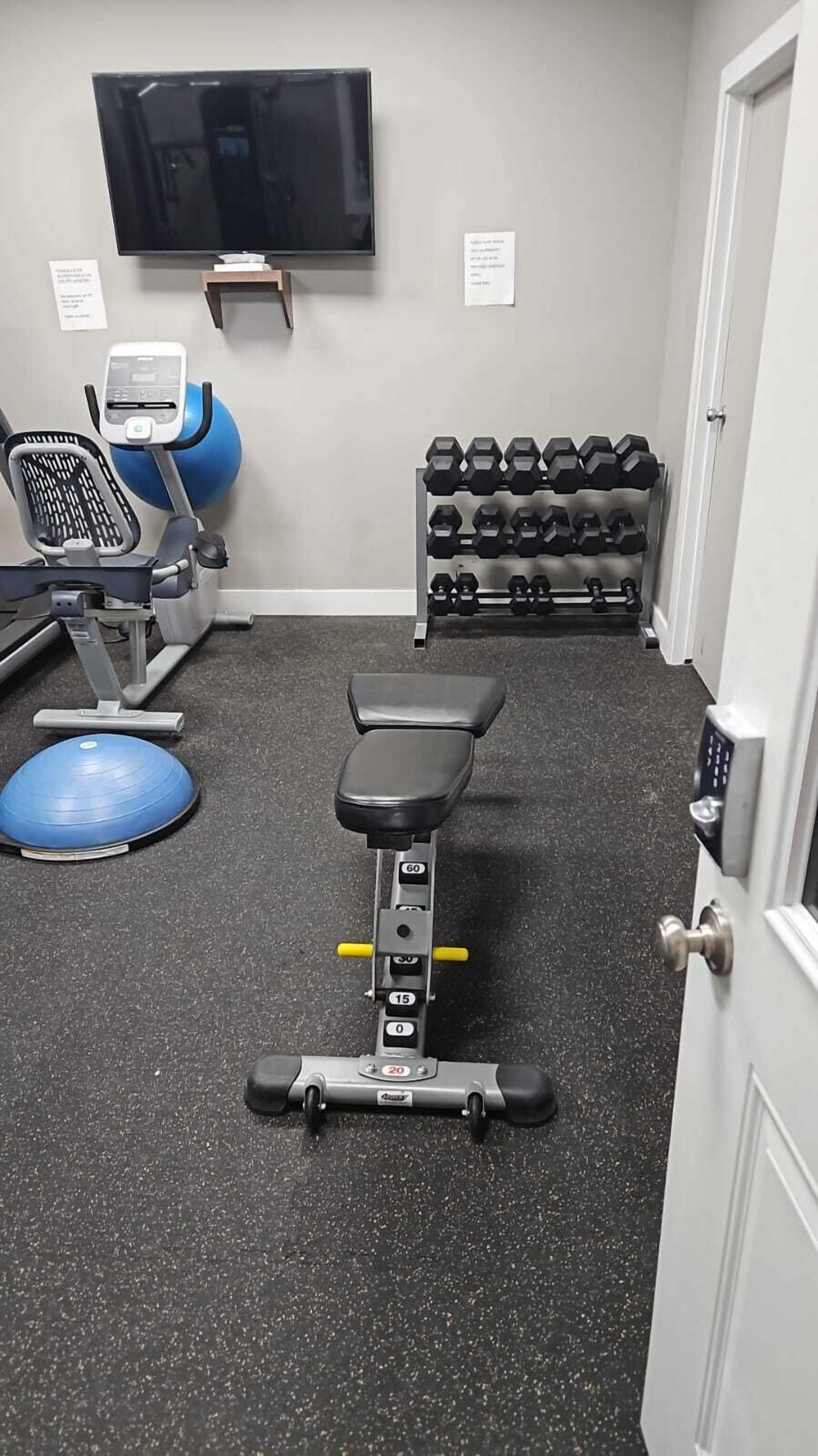 Un gimnasio con una bicicleta estática, una prensa de banca, una caminadora, una pelota de ejercicios azul y un televisor montado en la pared.