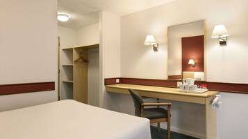 1 bedroom, desk, blackout curtains, iron/ironing board