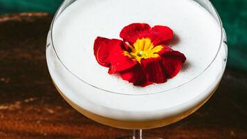 Un cóctel en una copa de martini adornado con una flor roja.
