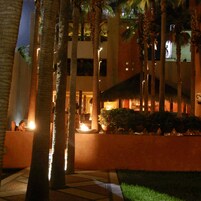 Vista nocturna de un hotel con palmeras y un área exterior iluminada.