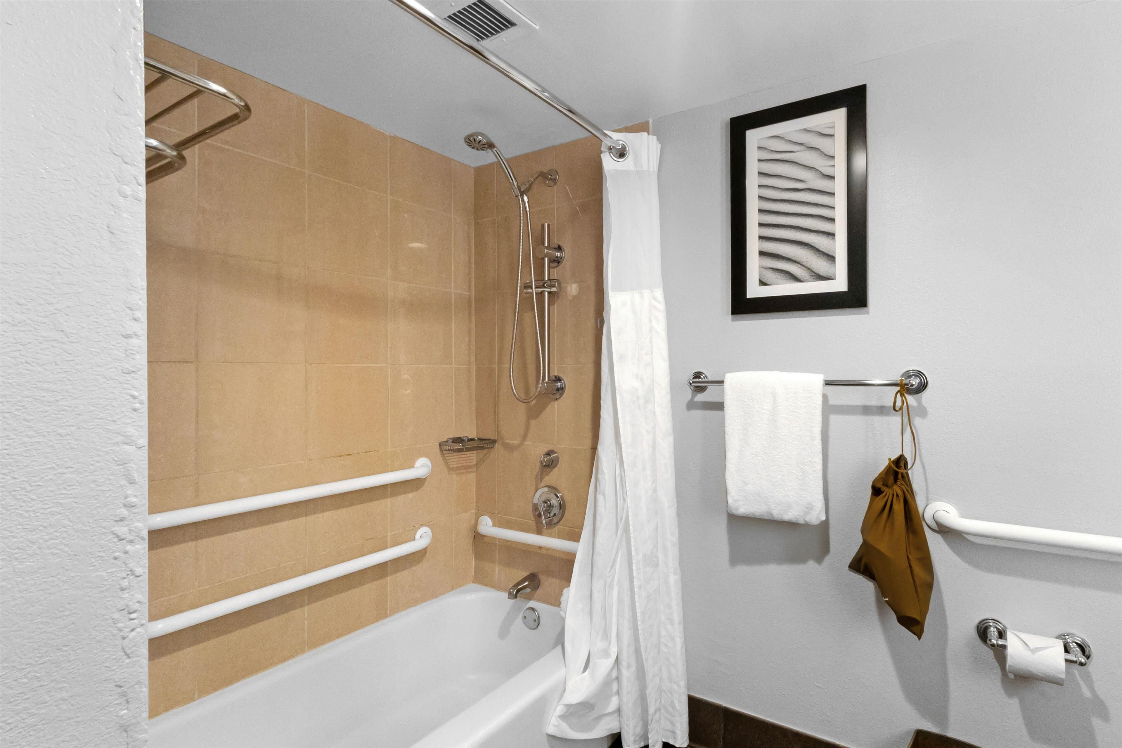 one king accessible bath tub no smoking | bathroom | eco-friendly toiletries, hair dryer, towels, soap