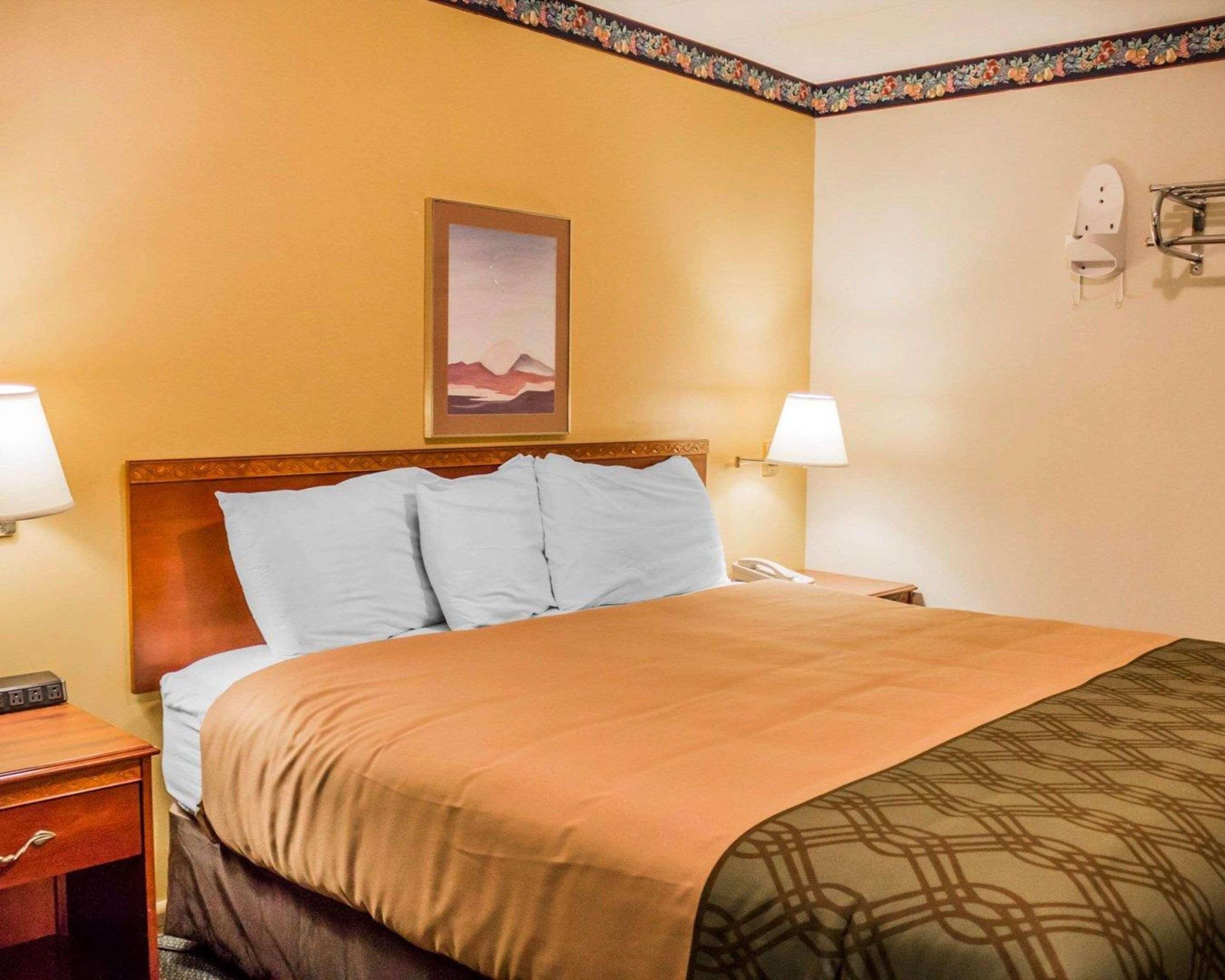 Habitación de hotel con cama, dos lámparas de noche, mesita de noche, teléfono y un cuadro en la pared.