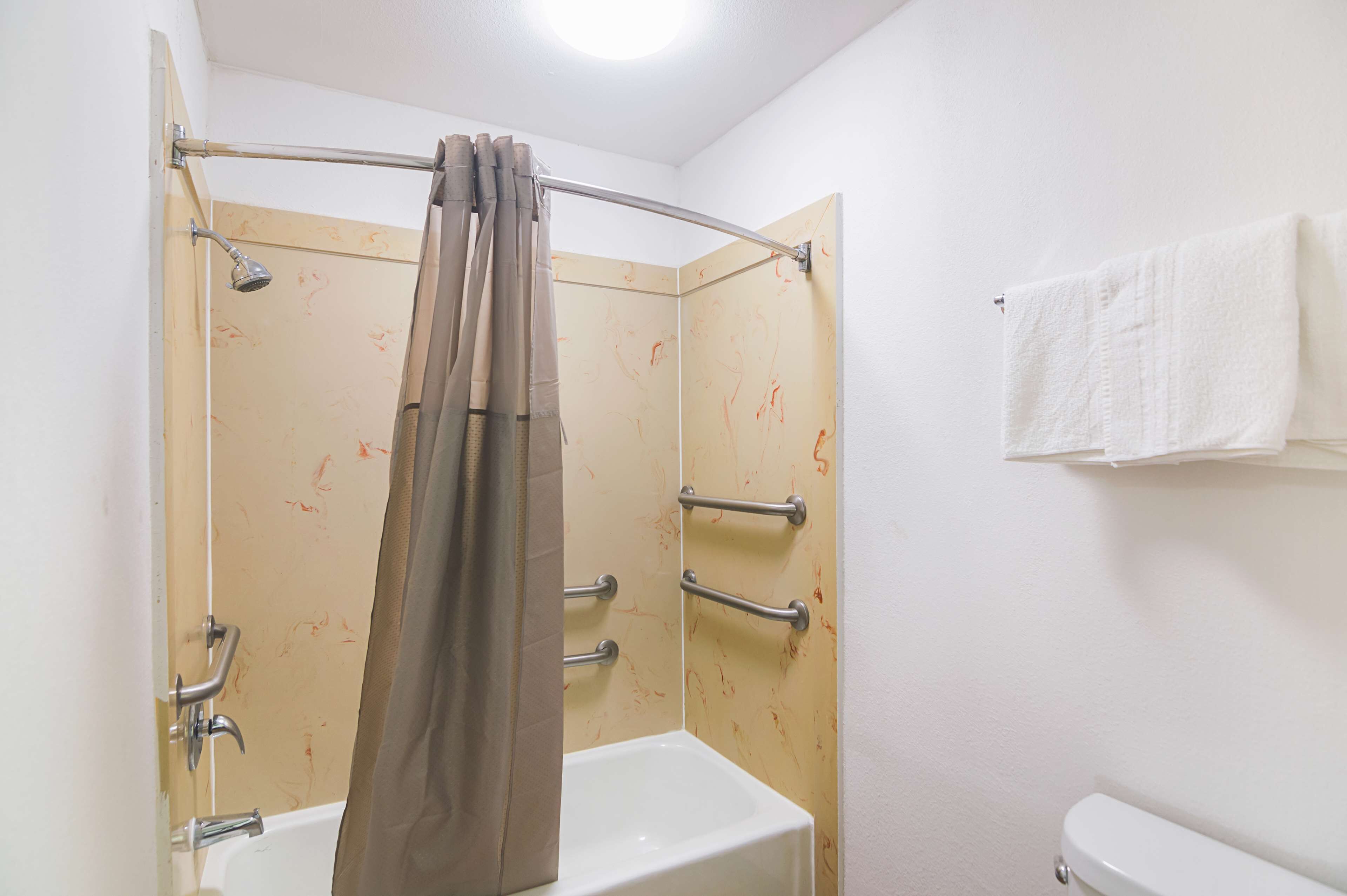 A bathroom with a shower, a toilet, and a towel rack.
