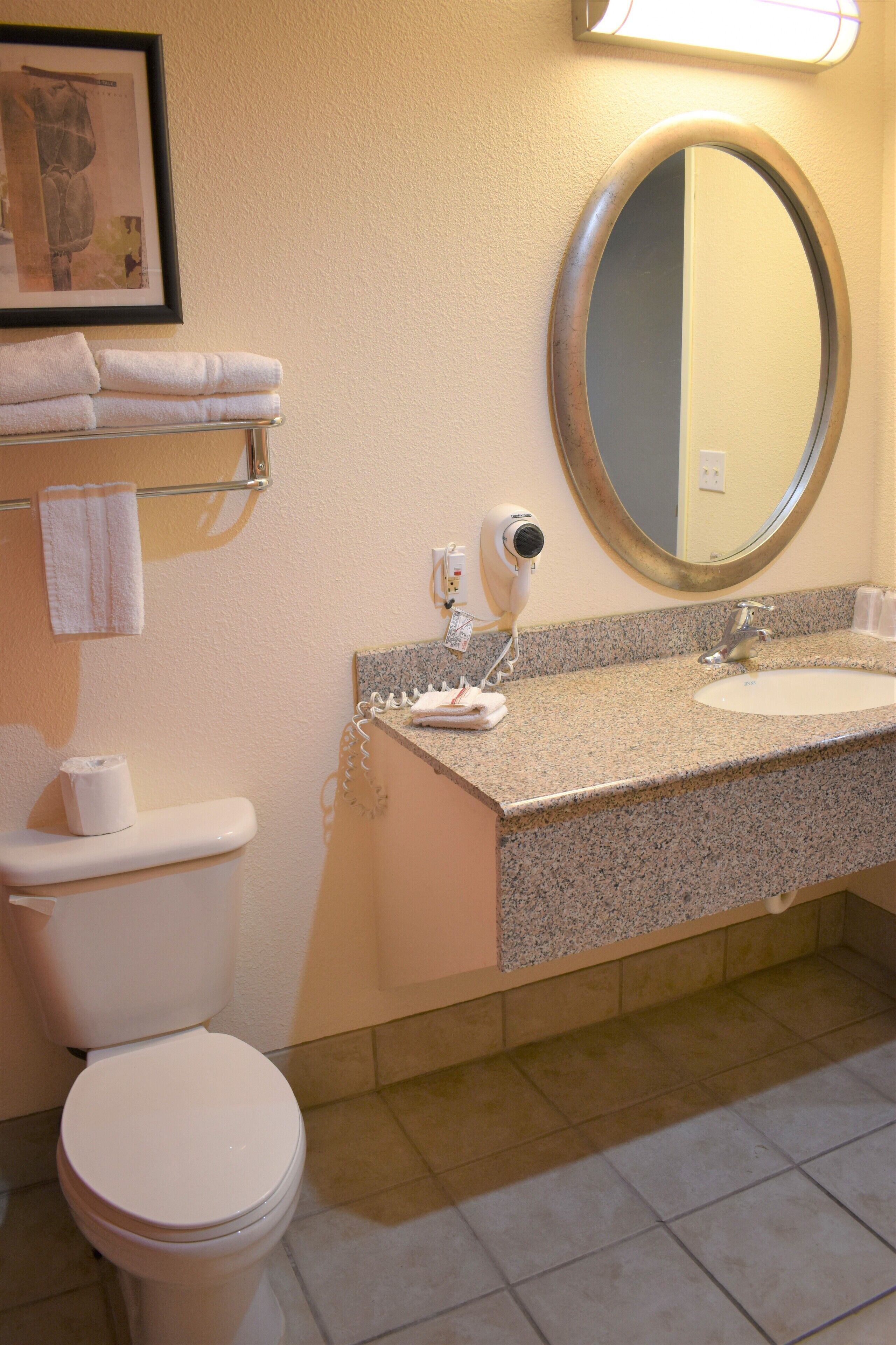 Une salle de bain avec des toilettes, un lavabo et un miroir.