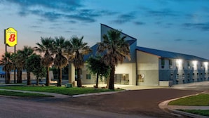 A Super 8 hotel with a modern design, palm trees, and a well-lit entrance. - Super 8 by Wyndham New Braunfels I-35 (New Braunfels)