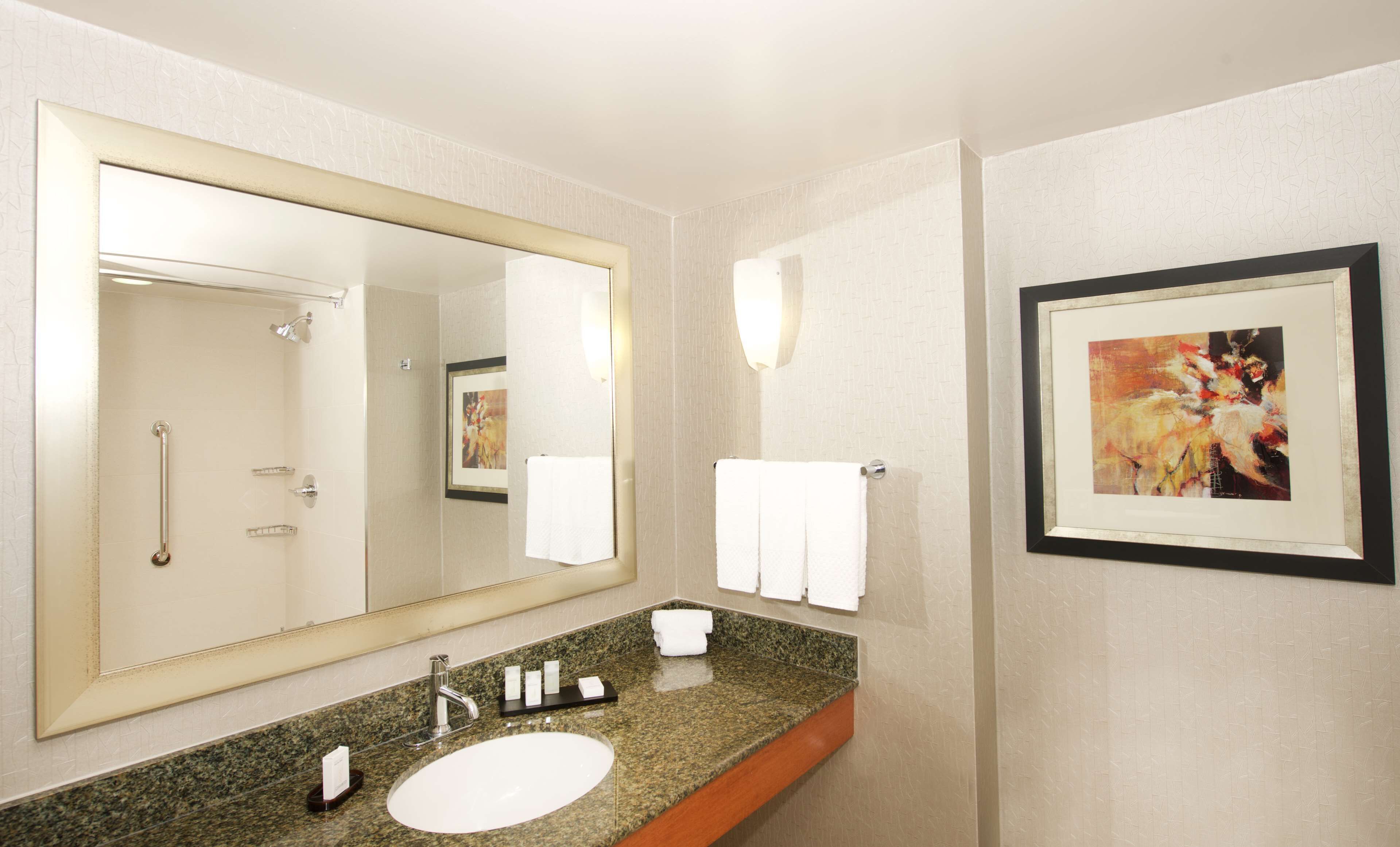 A hotel bathroom with a large mirror, a sink, a shower, and a framed picture on the wall.