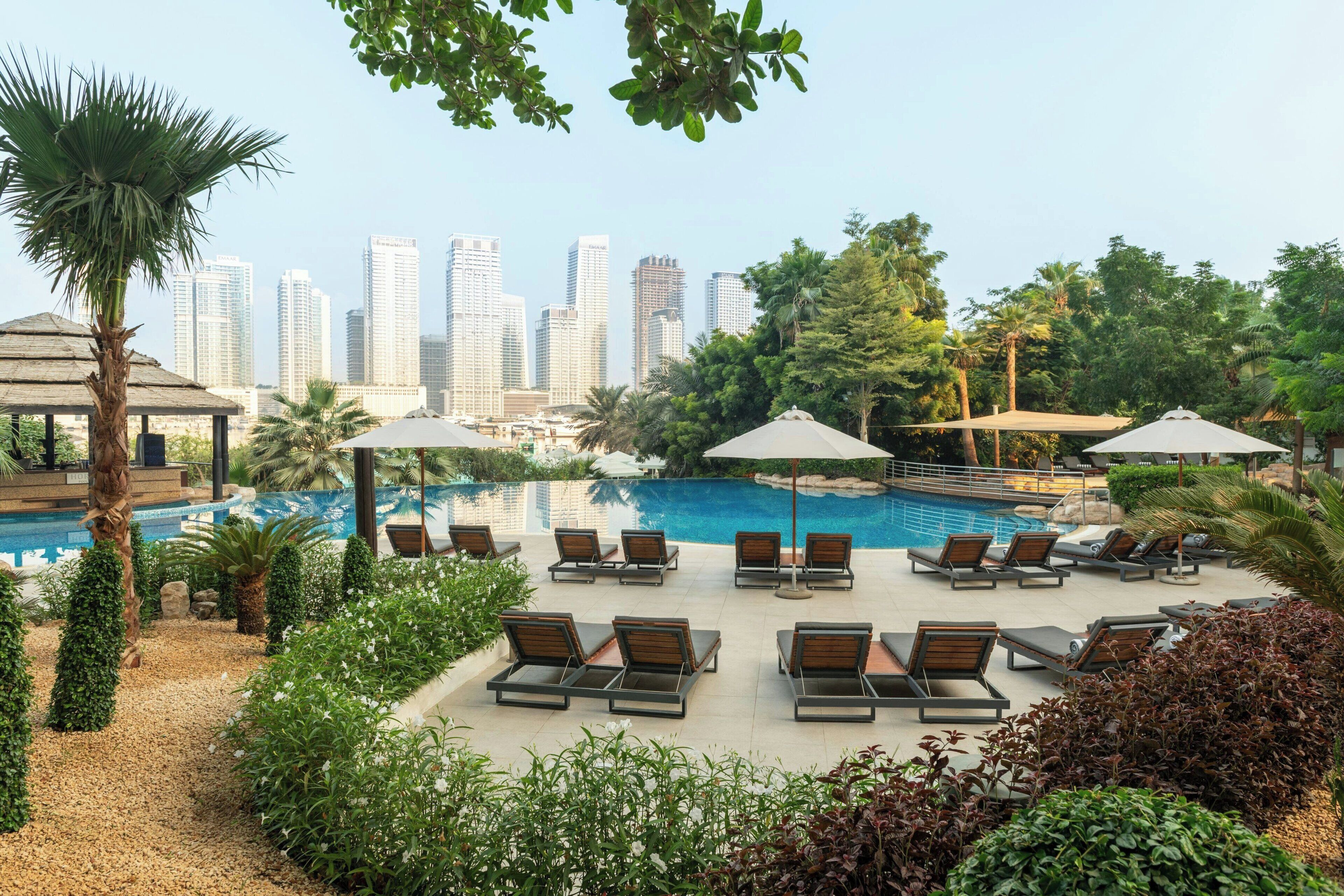 A rooftop pool area with lounge chairs and umbrellas, surrounded by greenery and overlooking a city skyline.