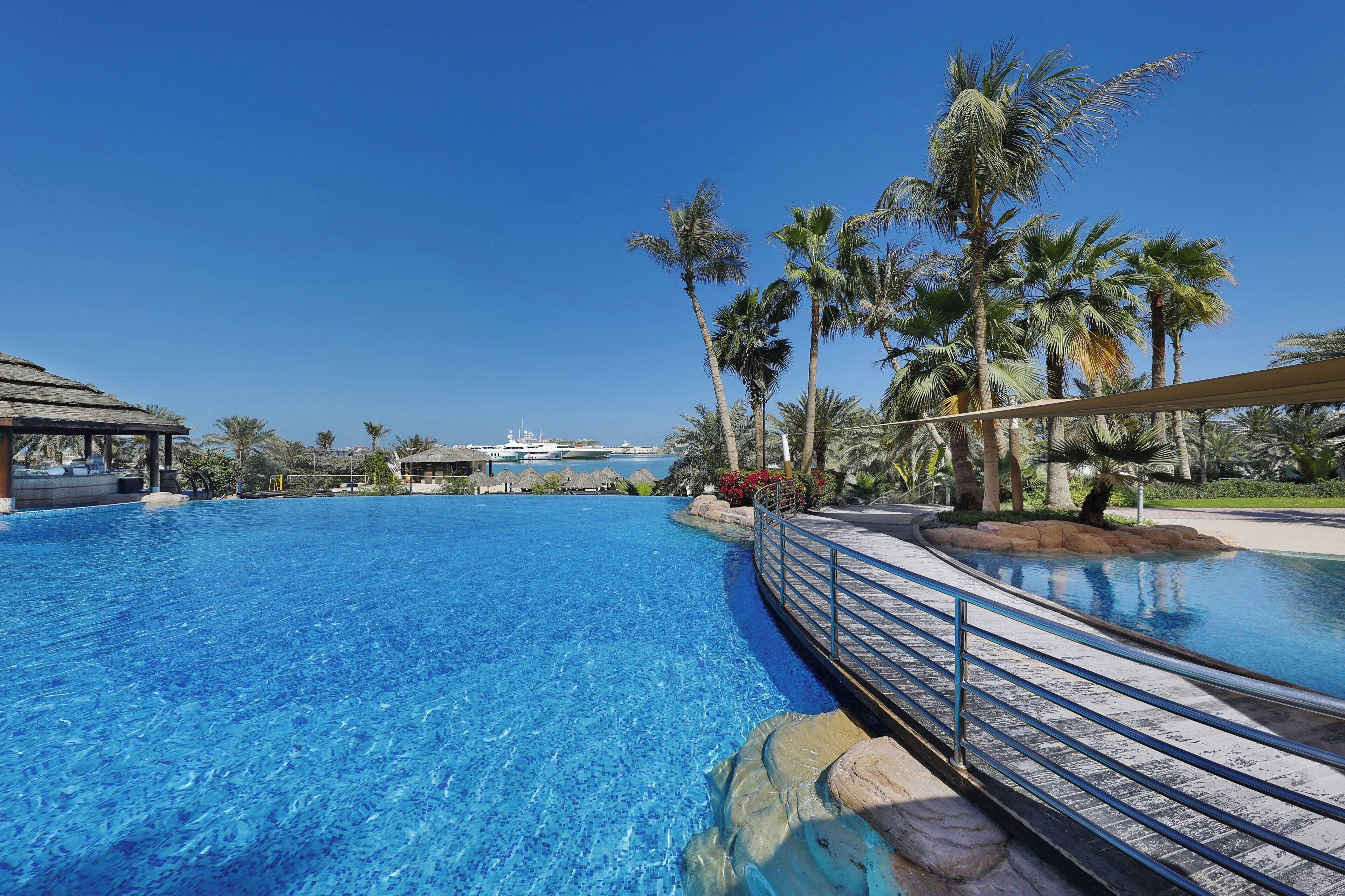 A clear blue pool with a wooden deck and palm trees in the background.