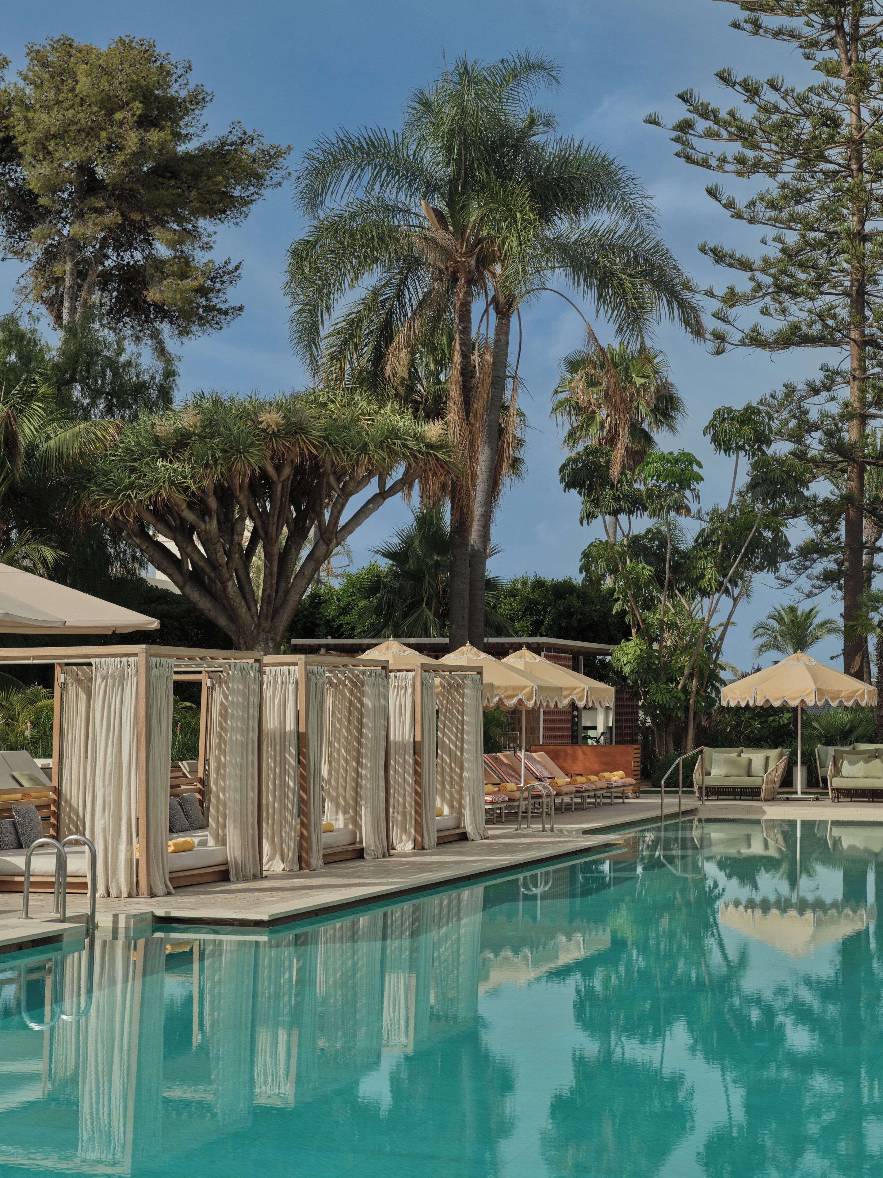 A pool area with lounge chairs and umbrellas, surrounded by palm trees.