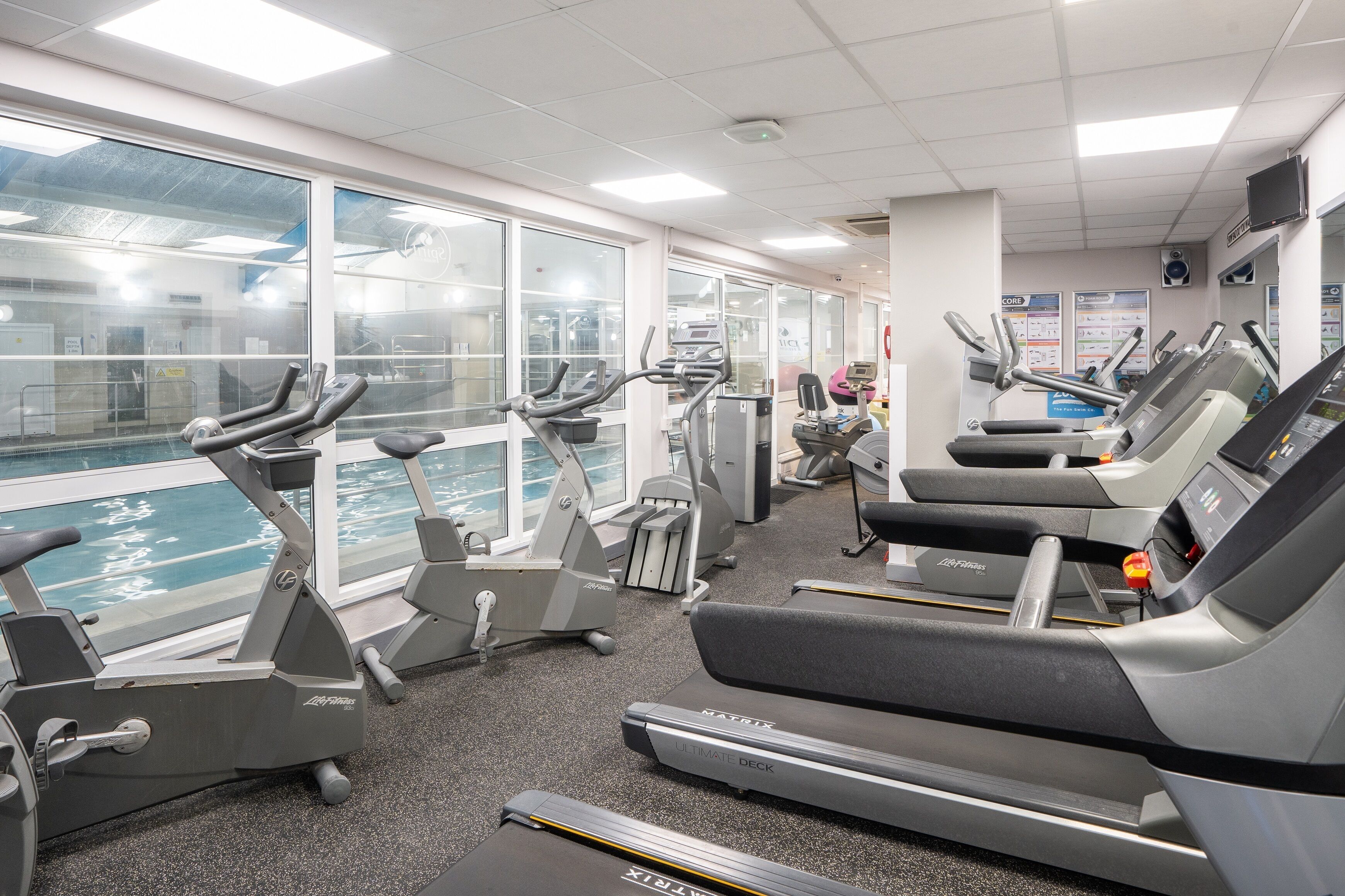 A gym with treadmills, ellipticals, and a pool view.
