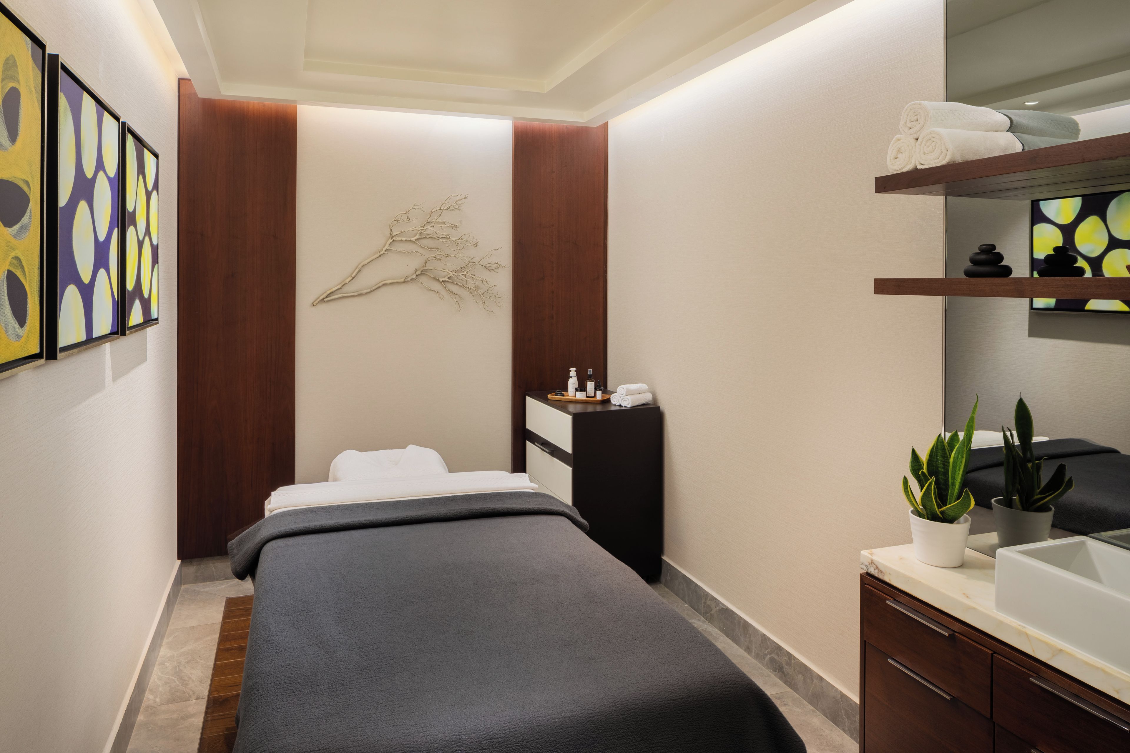 Habitación de hotel moderna con una cama, un escritorio pequeño, un espejo y una planta.