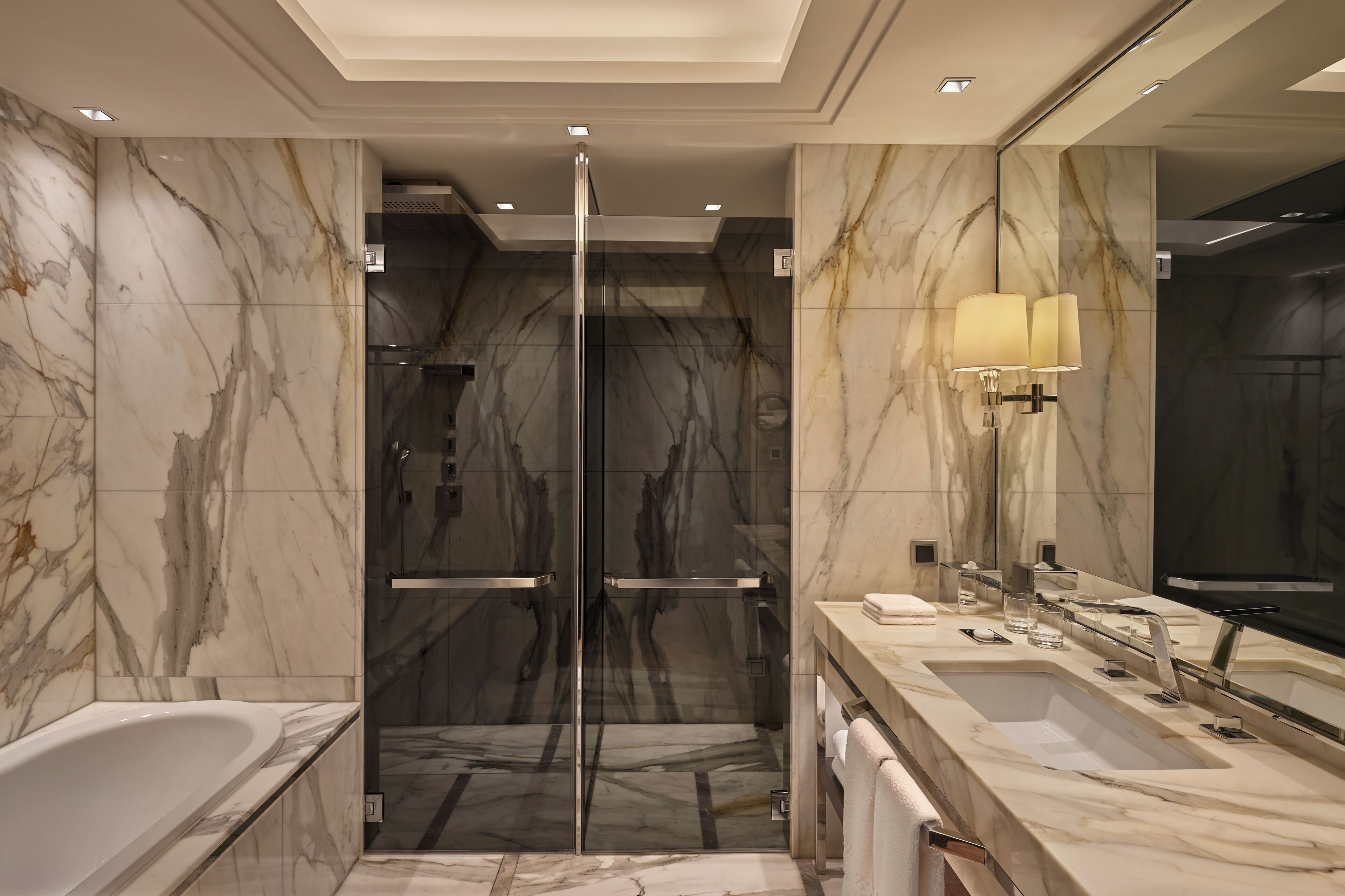 separate bathtub and shower, free toiletries, hair dryer, bathrobes