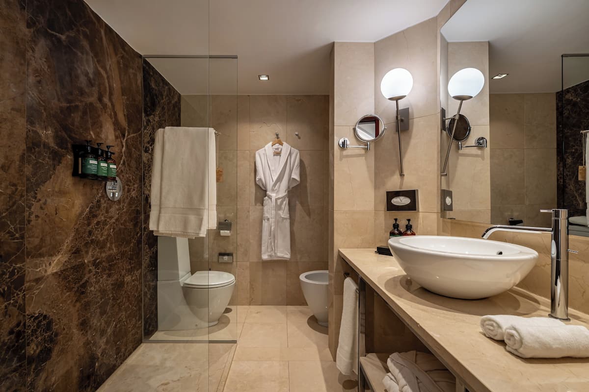 A modern bathroom with a large white sink, a glass-enclosed shower, a toilet, and a robe hanging on a rack.